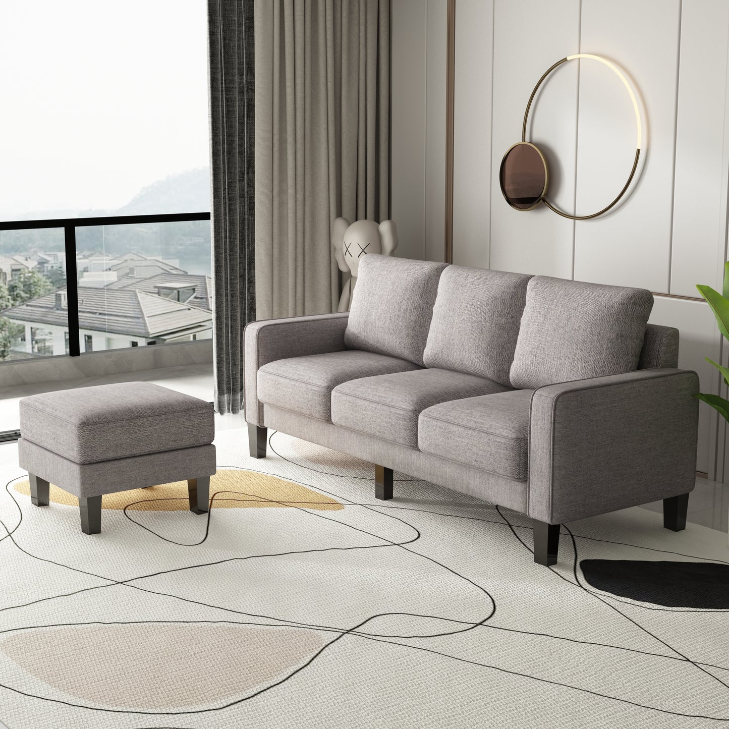 Modern Living Room Furniture L Shape Sofa with Ottoman in Light Grey Fabric