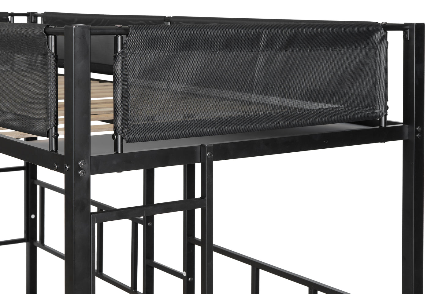 Metal Triple Twin Bunk Bed with Silent Wood Slats and Textilene Guardrails