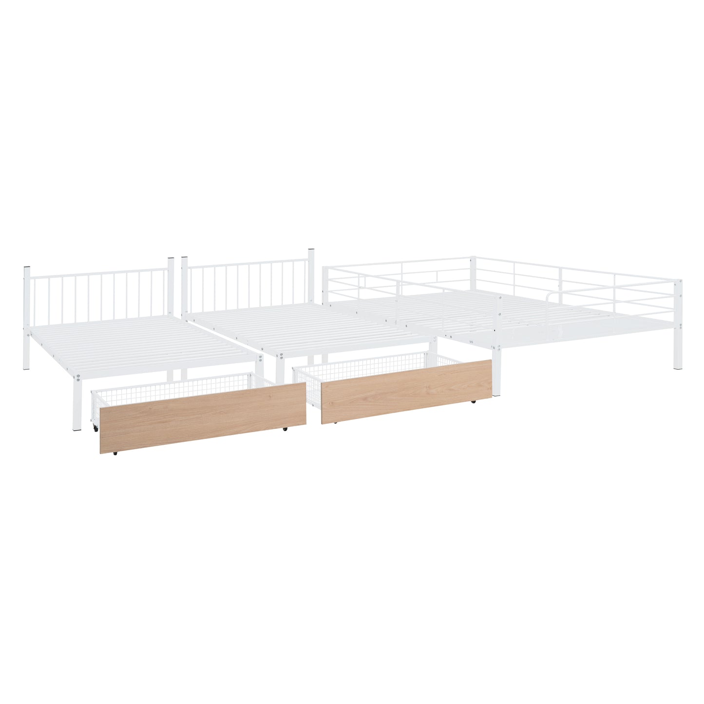 Triple Bunk Bed with White Metal Convertible Desk and Shelves