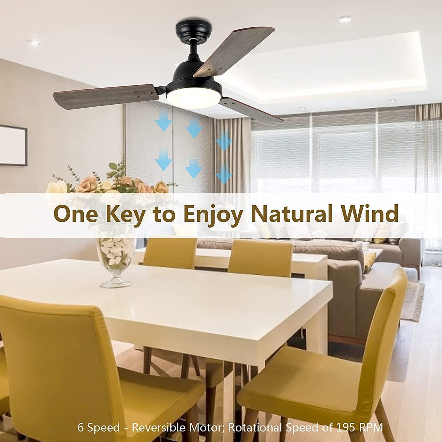 Quiet Breeze 44-inch Ceiling Fan with LED Light, Remote Control, and 6-Speed Modes