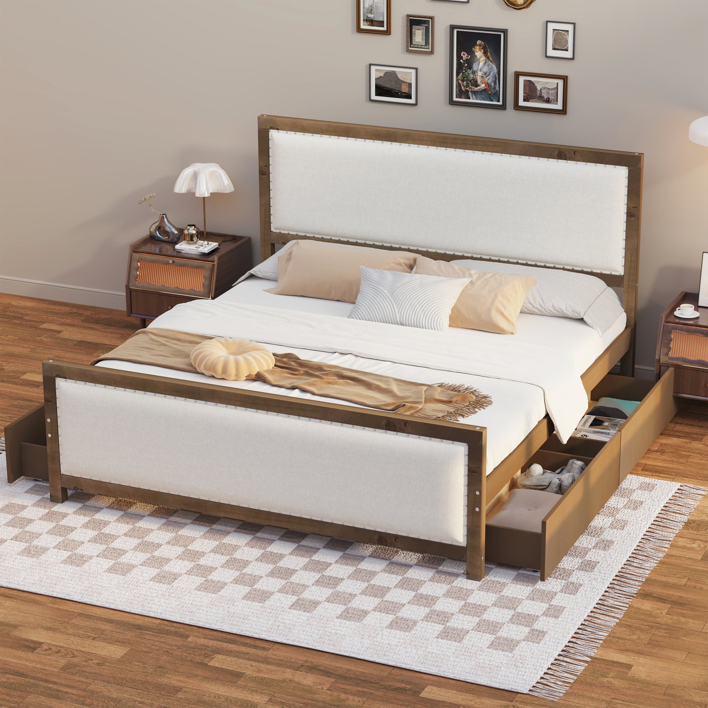 Queen Size Upholstered Platform Bed with Wood Frame and 4 Drawers, Natural Wooden+Beige Fabric