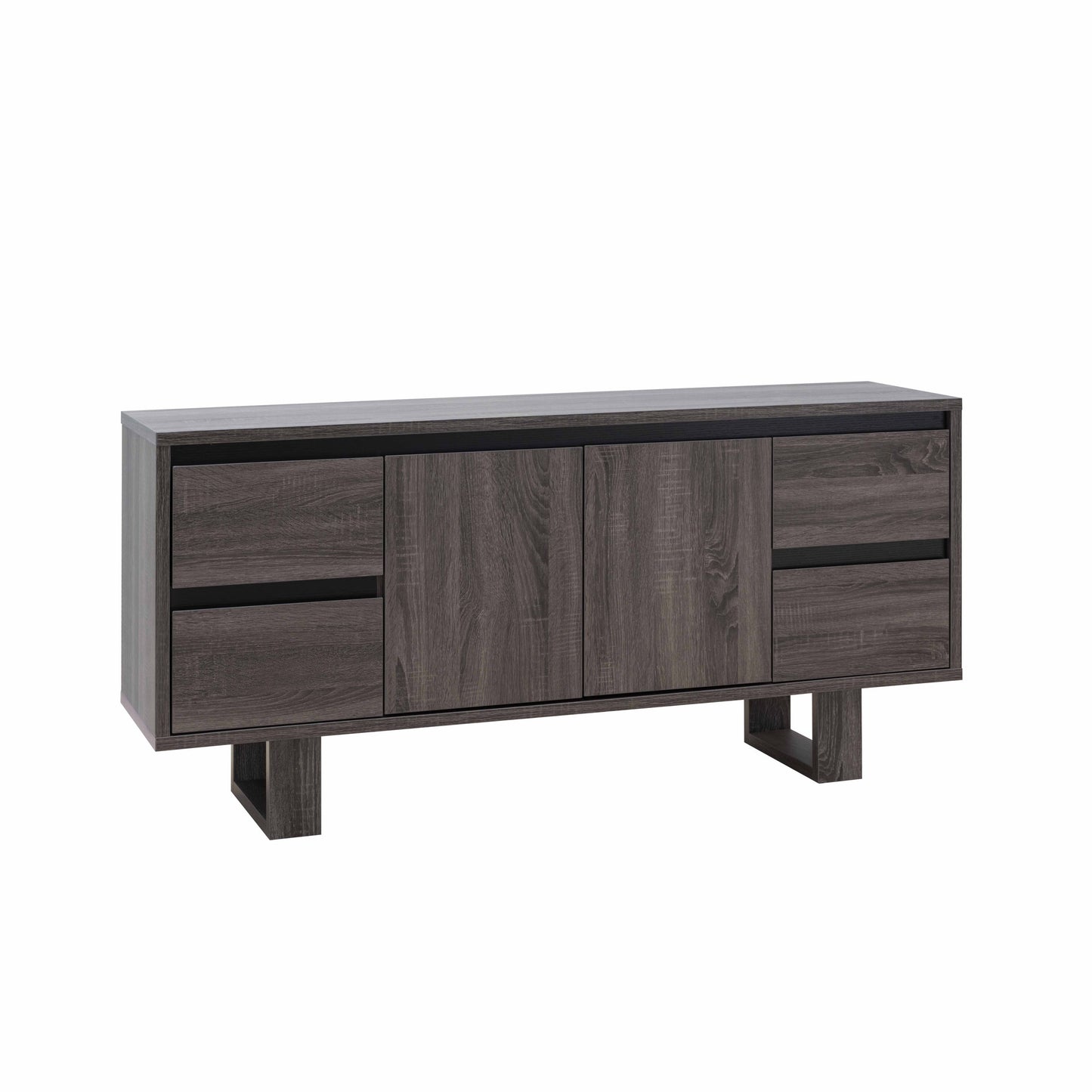 Distressed Gray and Ebony TV Console with Storage Drawers and Cabinet