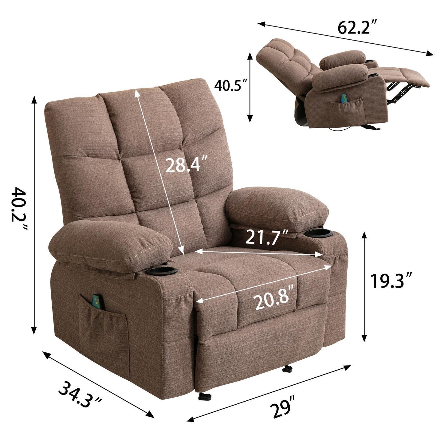 Massage and Heating Recliner Chair with USB and Side Pocket (Brown)