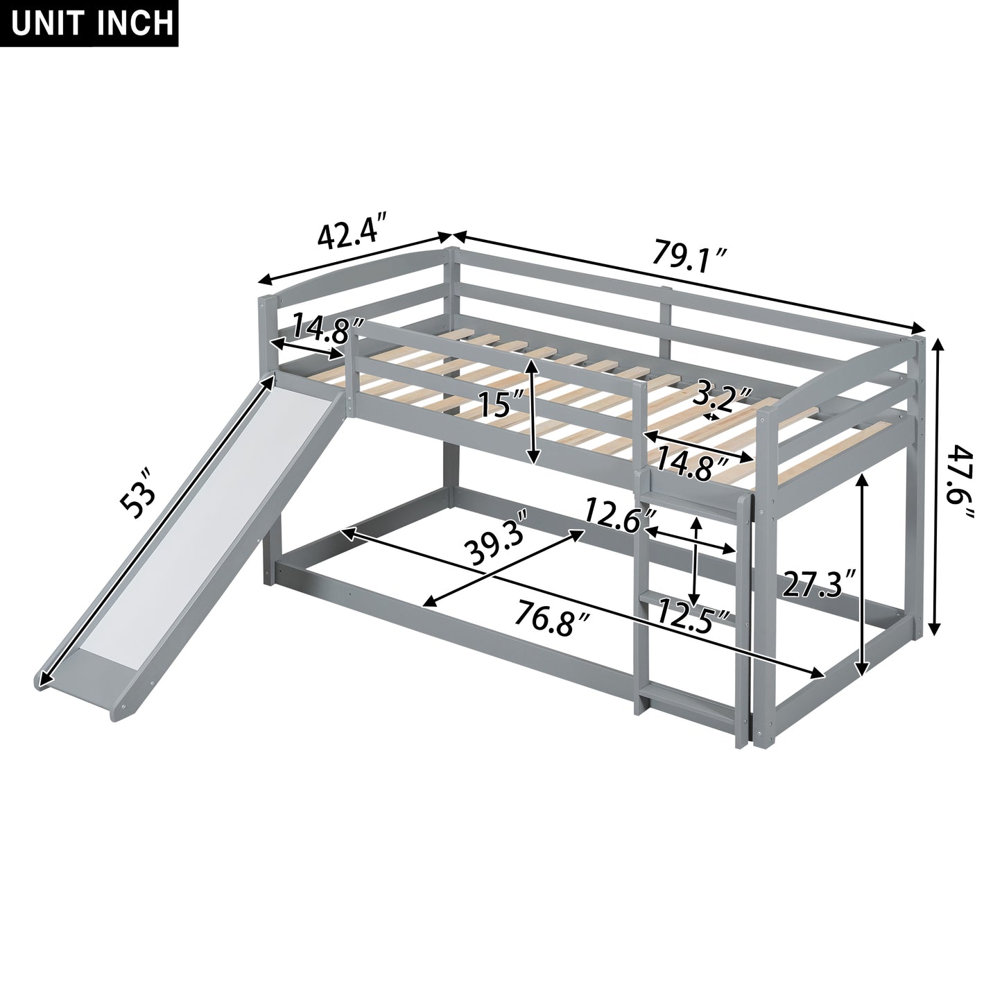 Convertible Gray Twin Bunk Bed with Slide, Ladder, and Playful Design