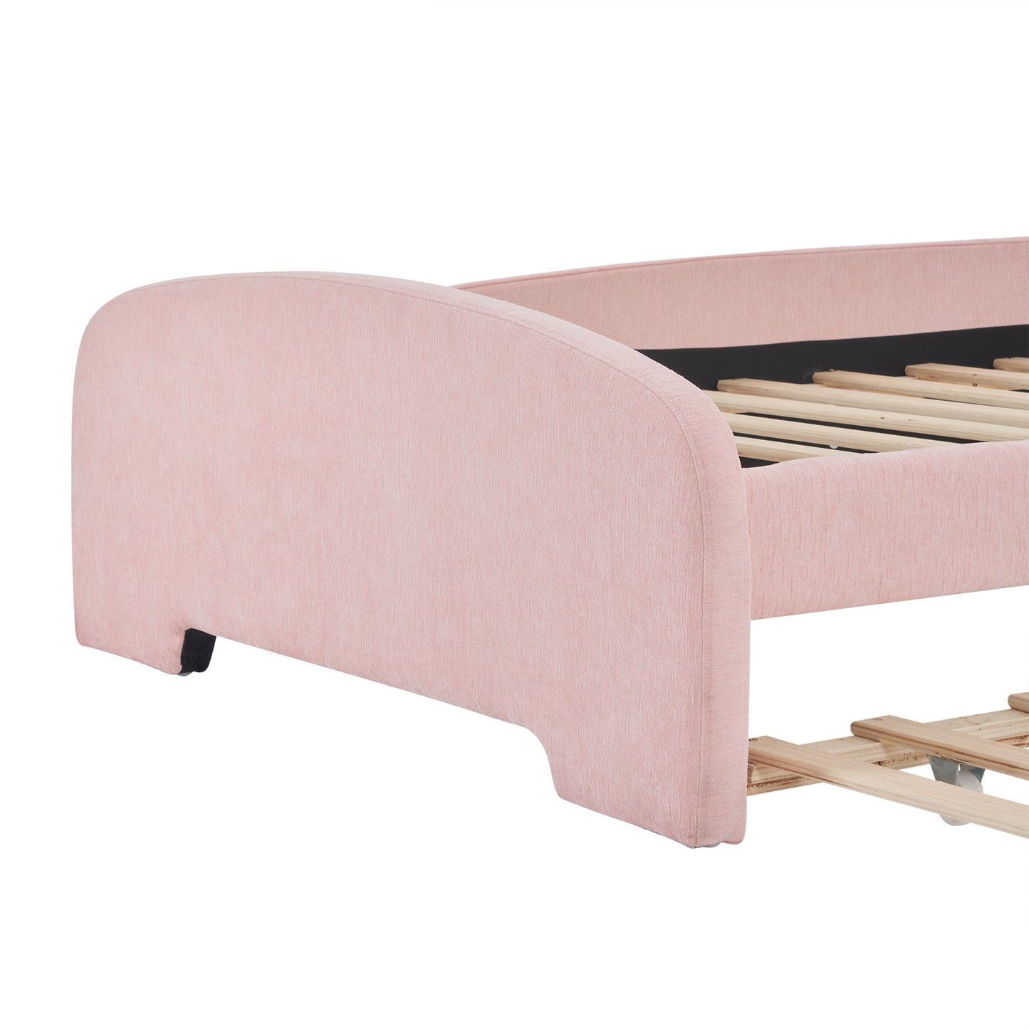 Twin Size Upholstered Platform Bed with Cartoon Ears Shaped Headboard and Trundle, Pink