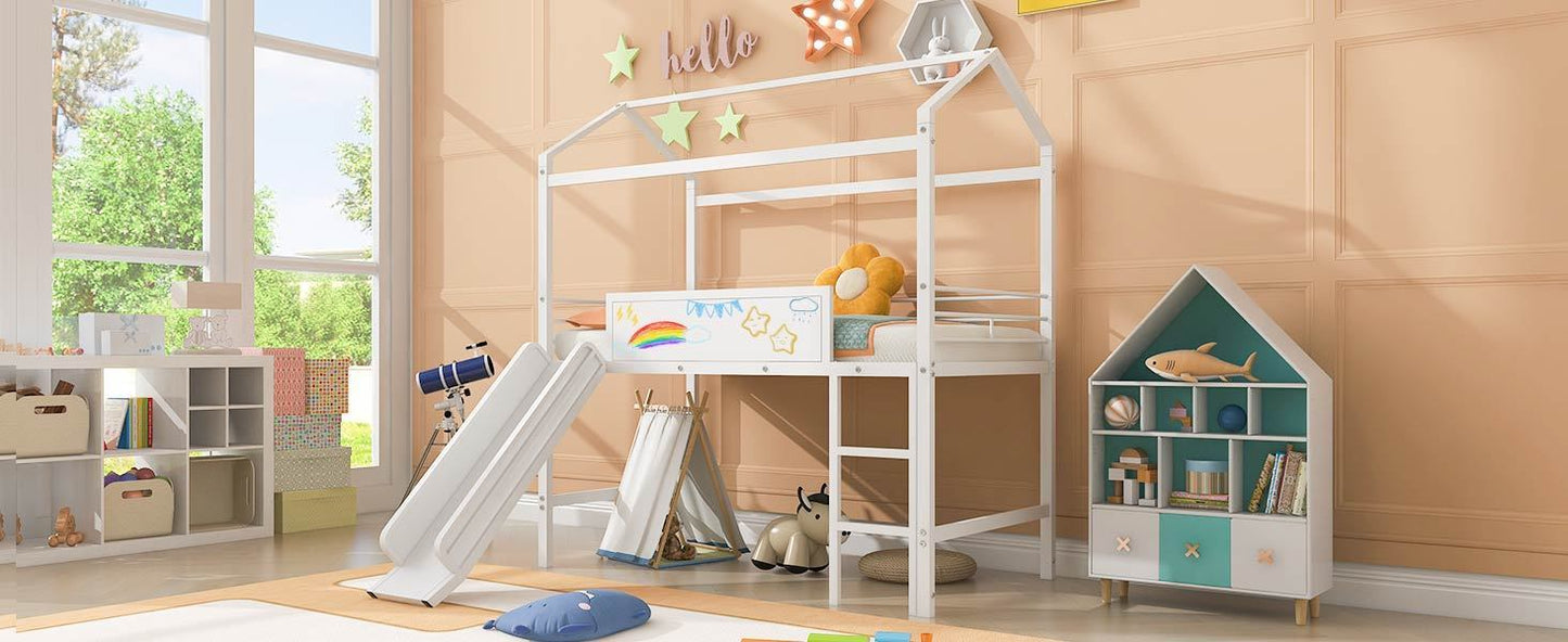 Metal House Bed With Slide, Twin Size Metal Loft Bed with Two-sided writable Wooden Board (White )