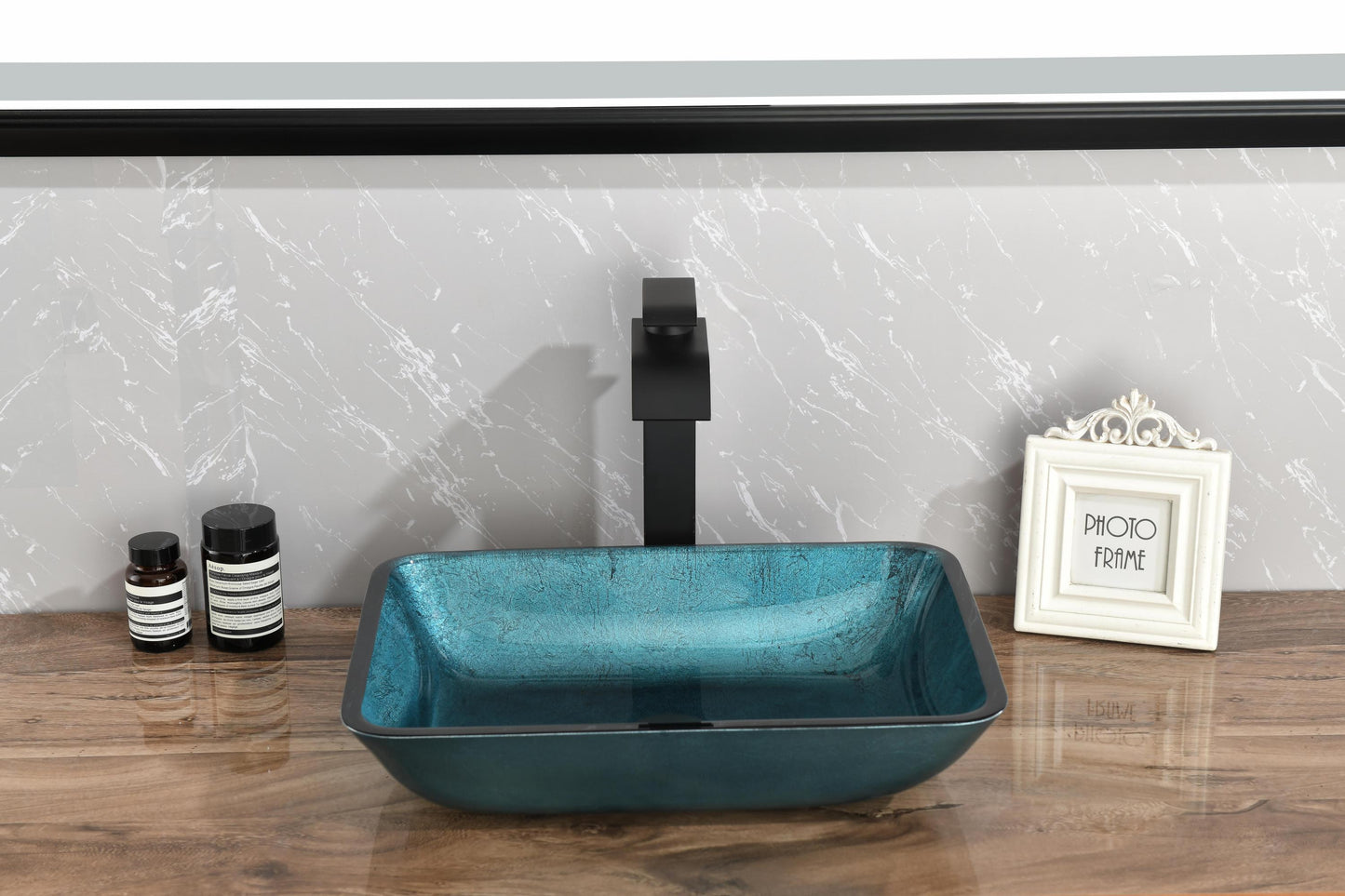 Handcrafted Blue Glass Rectangular Vessel Sink Set with Matte Black Faucet and Pop-Up Drain