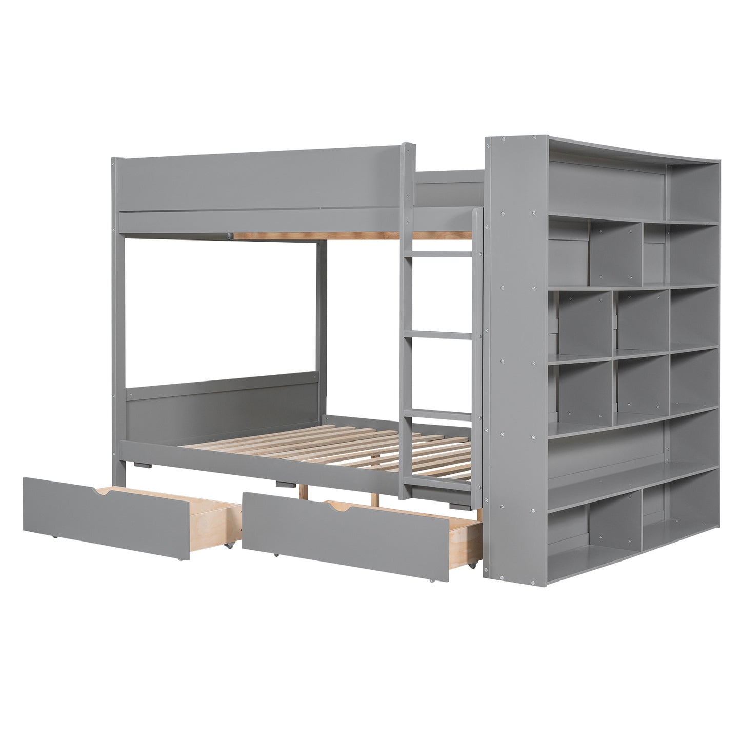 Gray Full over Full Bunk Bed with Storage Drawers and Cabinet for Kids