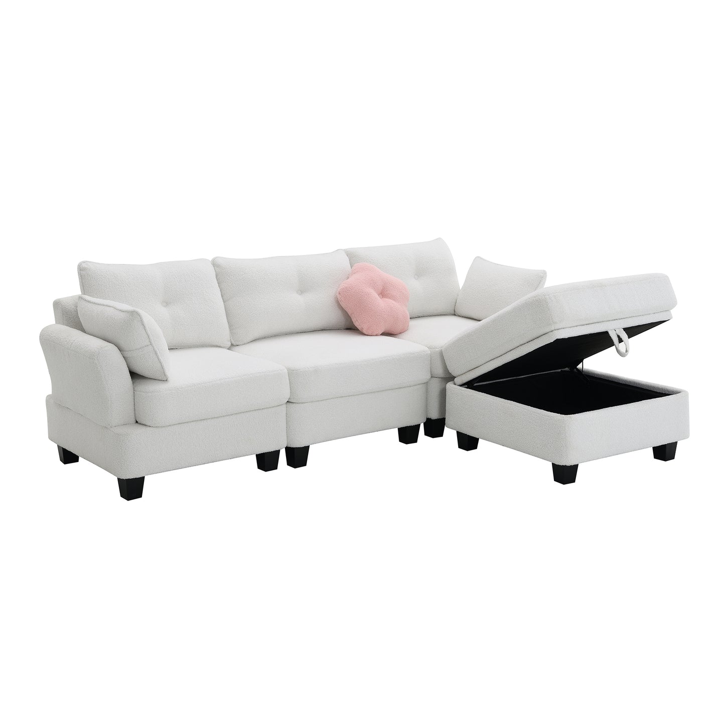 Luxurious Modern Teddy Velvet L-Shaped Sectional Sofa with Charging Ports and Storage Ottoman