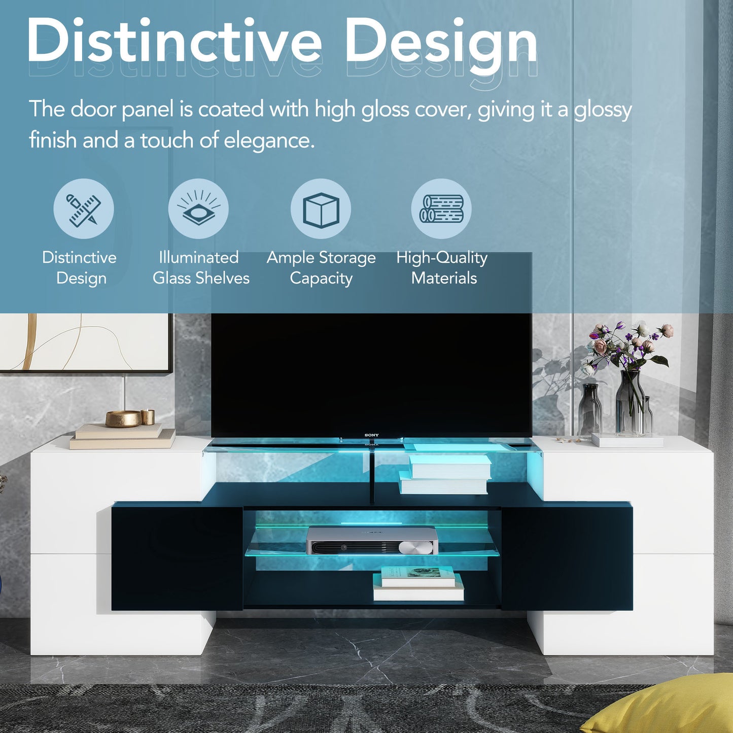 Innovative LED Glass TV Stand with High Gloss Finish and Versatile Storage Options