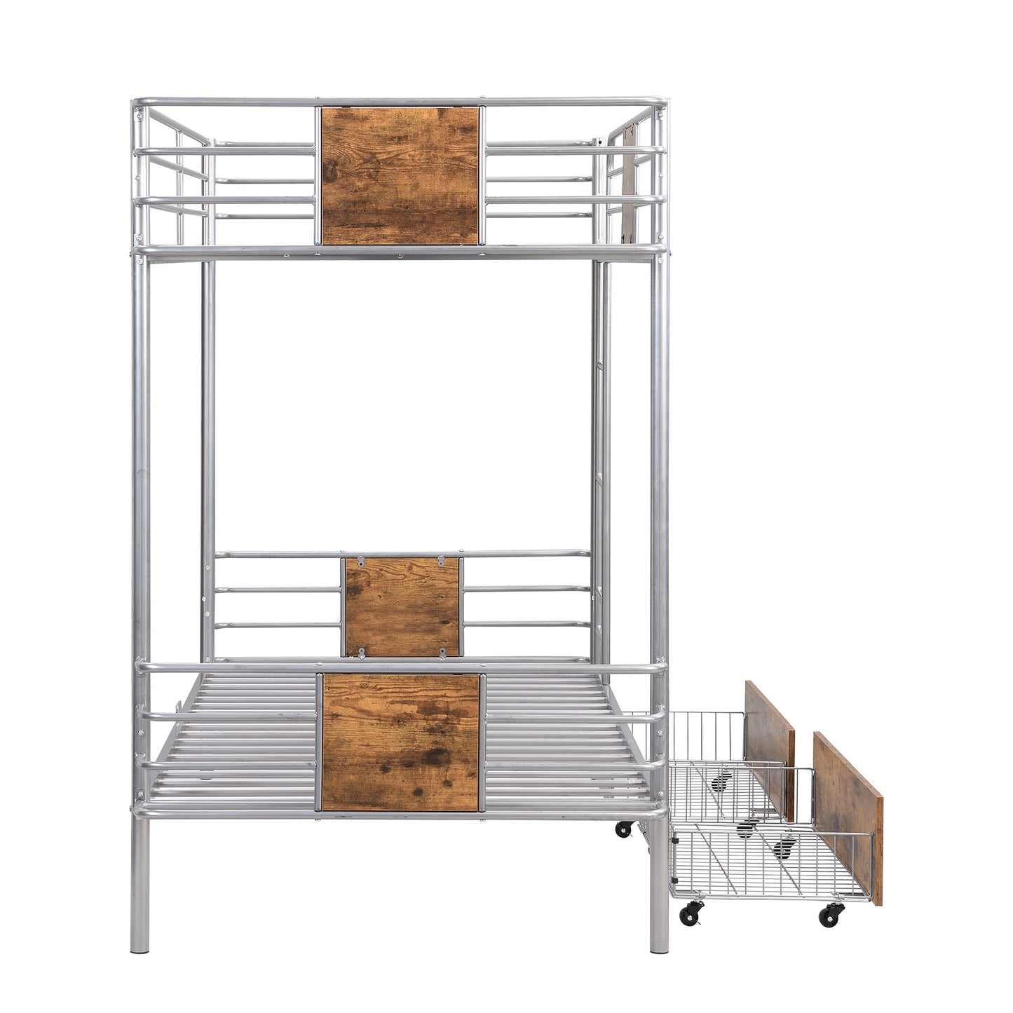 Silver Metal Bunk Bed with Twin XL Storage Drawers and Guardrail