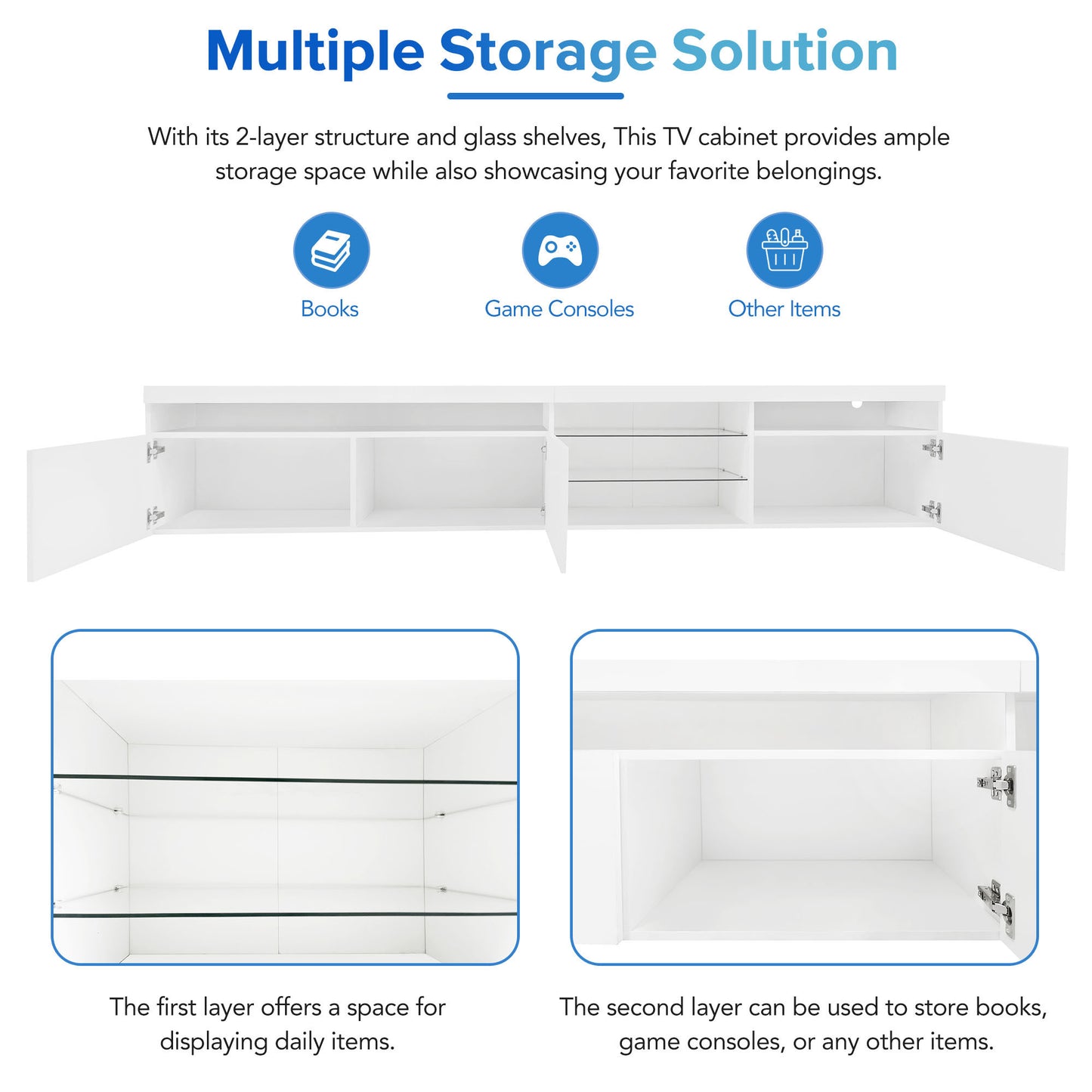 Modern White TV Stand with Glass Shelves and LED Lights for TVs Up to 100