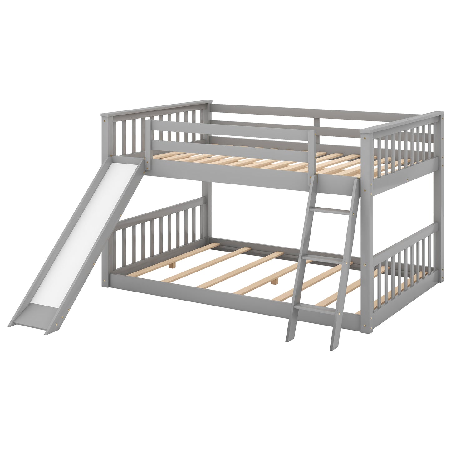 Gray Full Bunk Bed with Slide, Reversible Ladder, and Modern Design