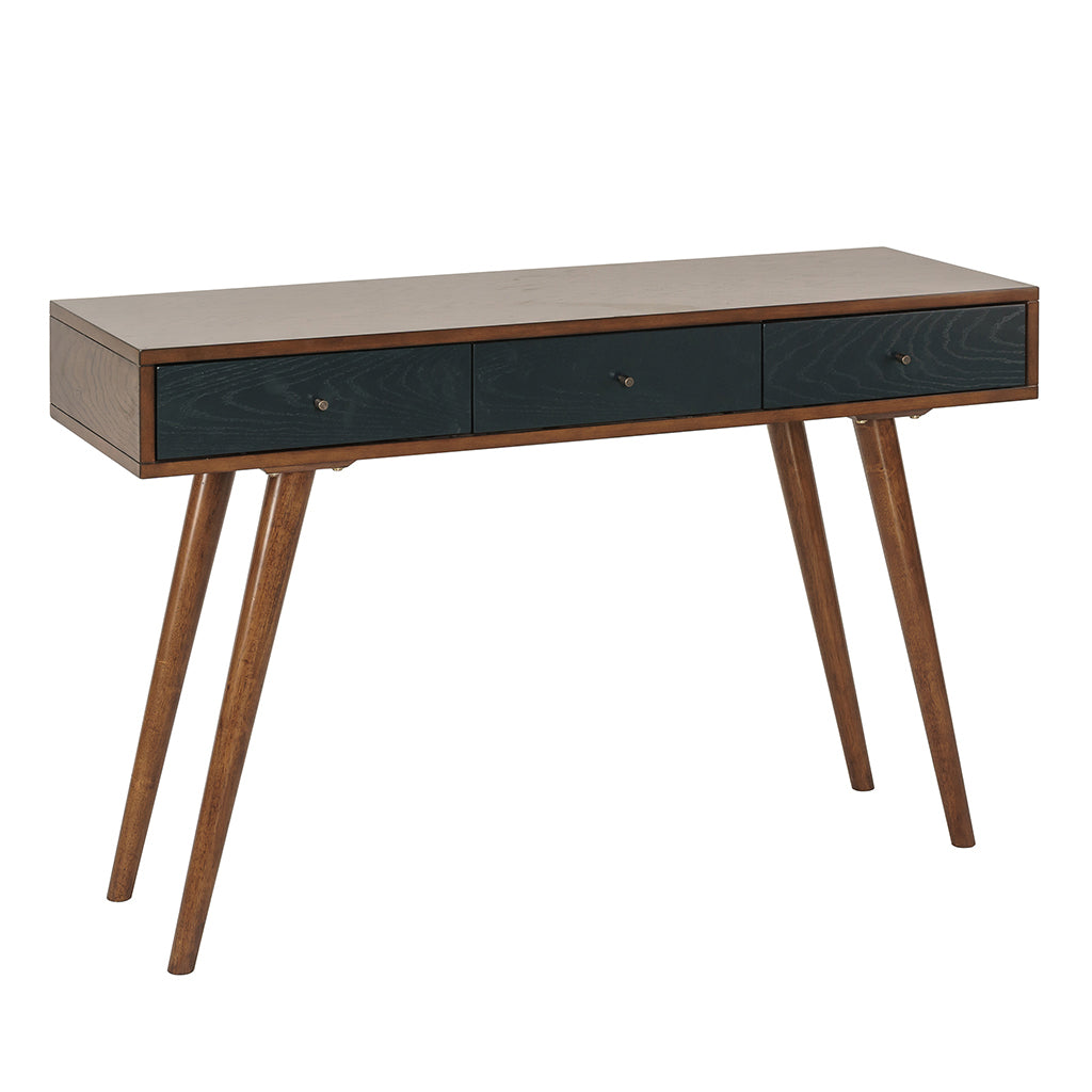 Transitional 3 Drawer Writing Desk in Pecan Finish with Navy Accents