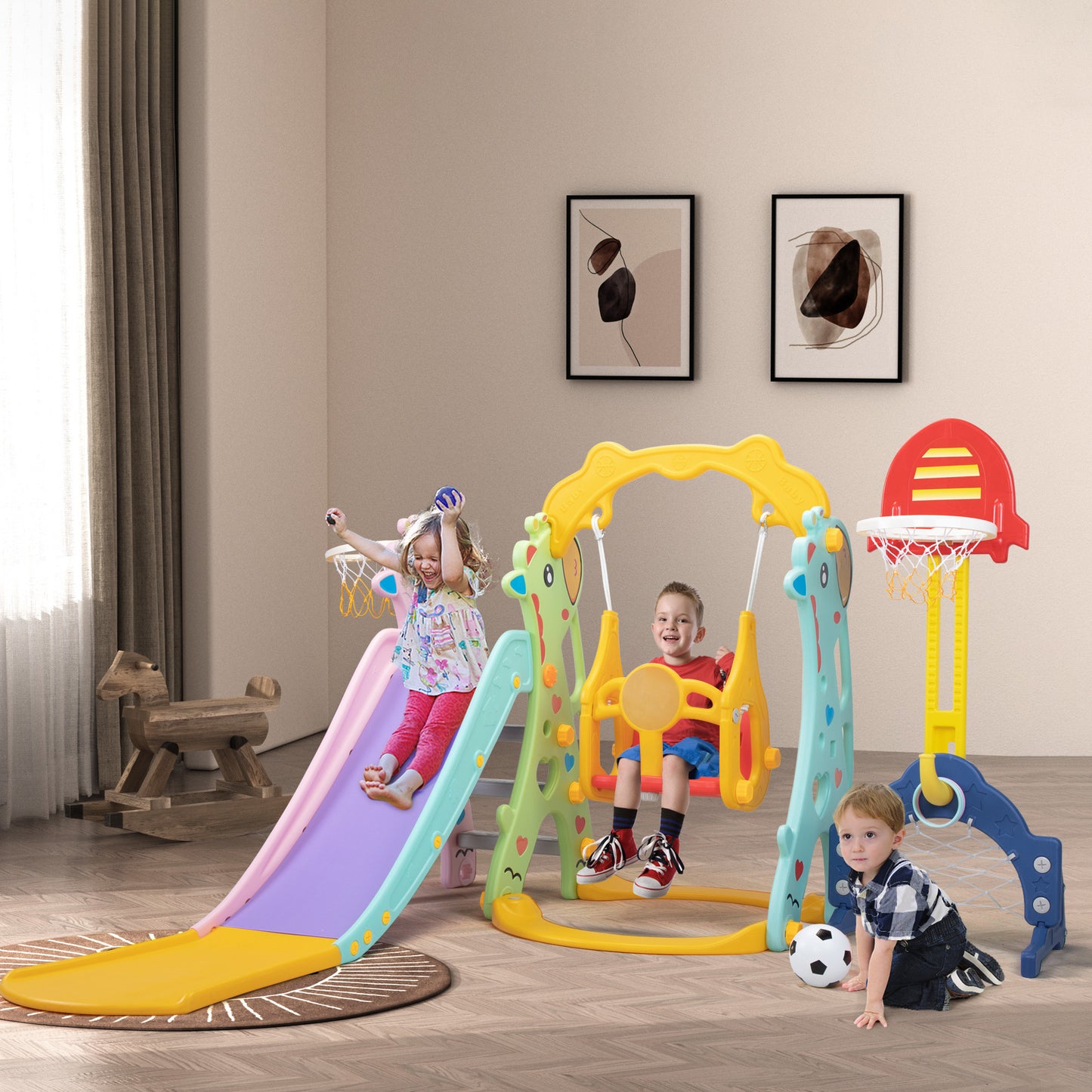 5-in-1 Giraffe-Themed Toddler Playground Set with Slide, Swing, and Ball Games