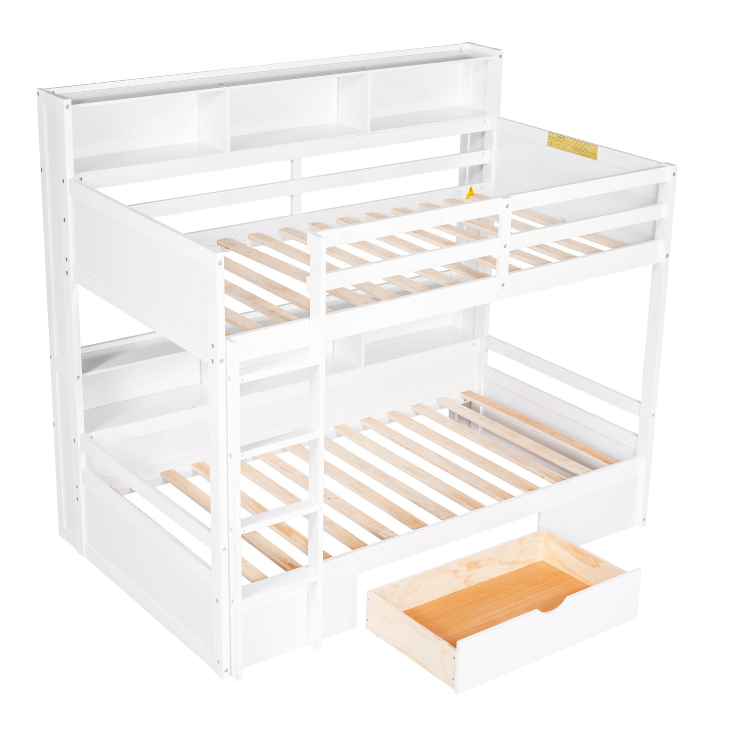 White Twin Size Bunk Bed with Underbed Storage Shelves and Drawer