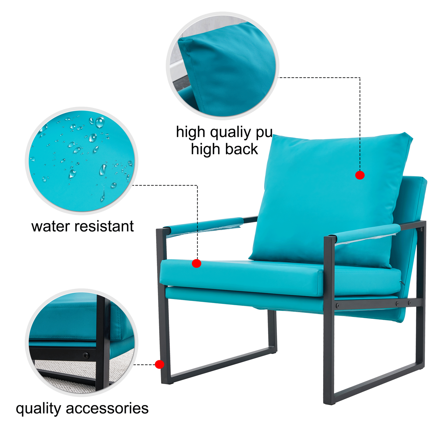 Cyan PU Leather 2-Piece Set of Modern Sofa Chairs with Metal Frame