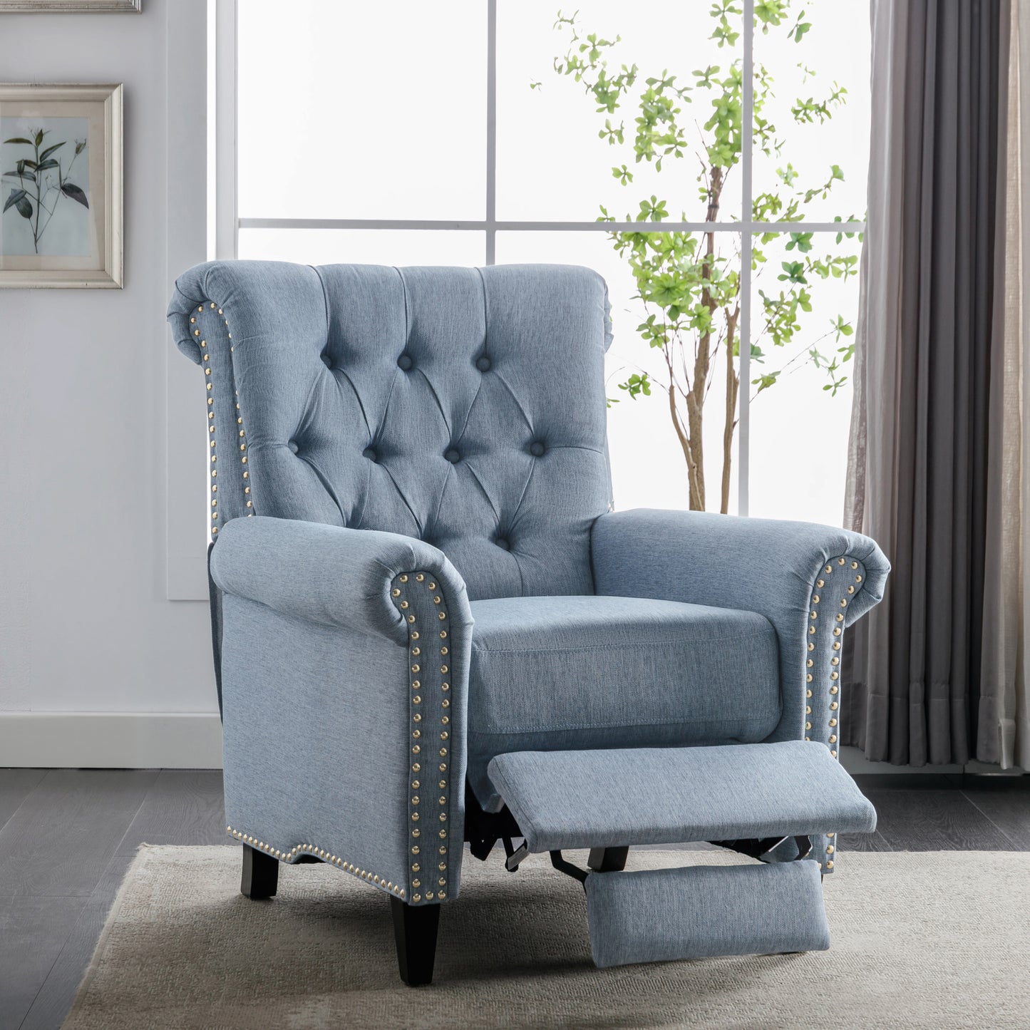 Luxurious Blue Linen Recliner with Pushback Function and Nailhead Trim