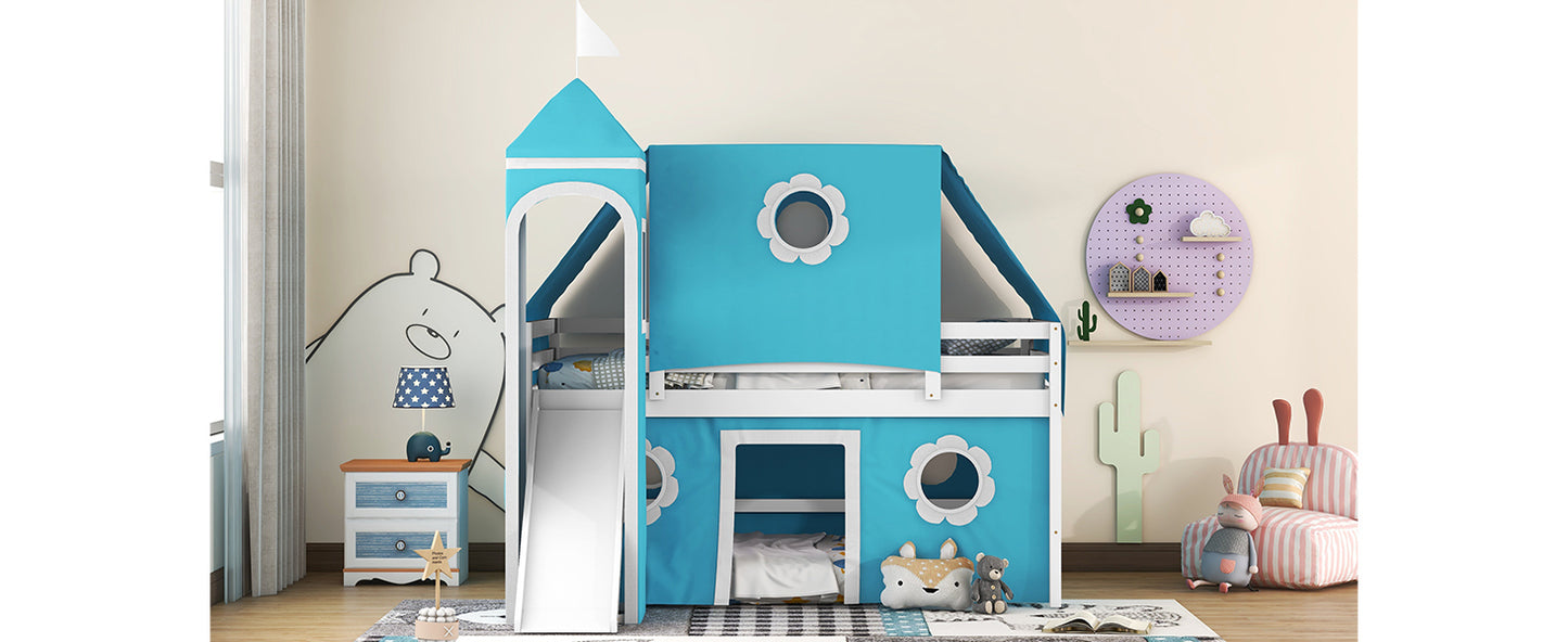 Blue Castle Bunk Bed - Full Size with Slide and Tower