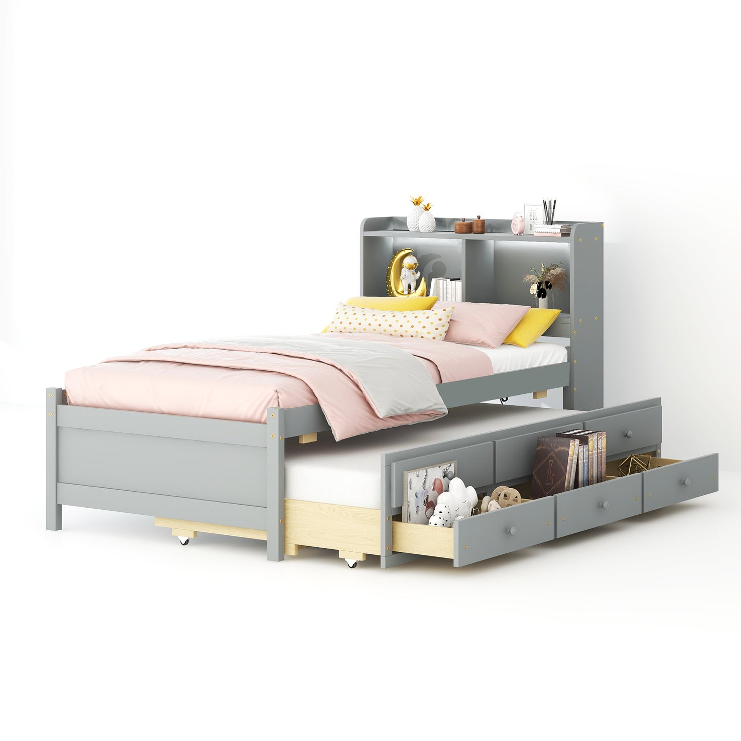 Twin Size Bed with  built-in USB ,Type-C Ports, LED light, Bookcase Headboard, Trundle and 3 Storage Drawers, Twin Size Bed with  Bookcase Headboard, Trundle and Storage drawers ,Grey