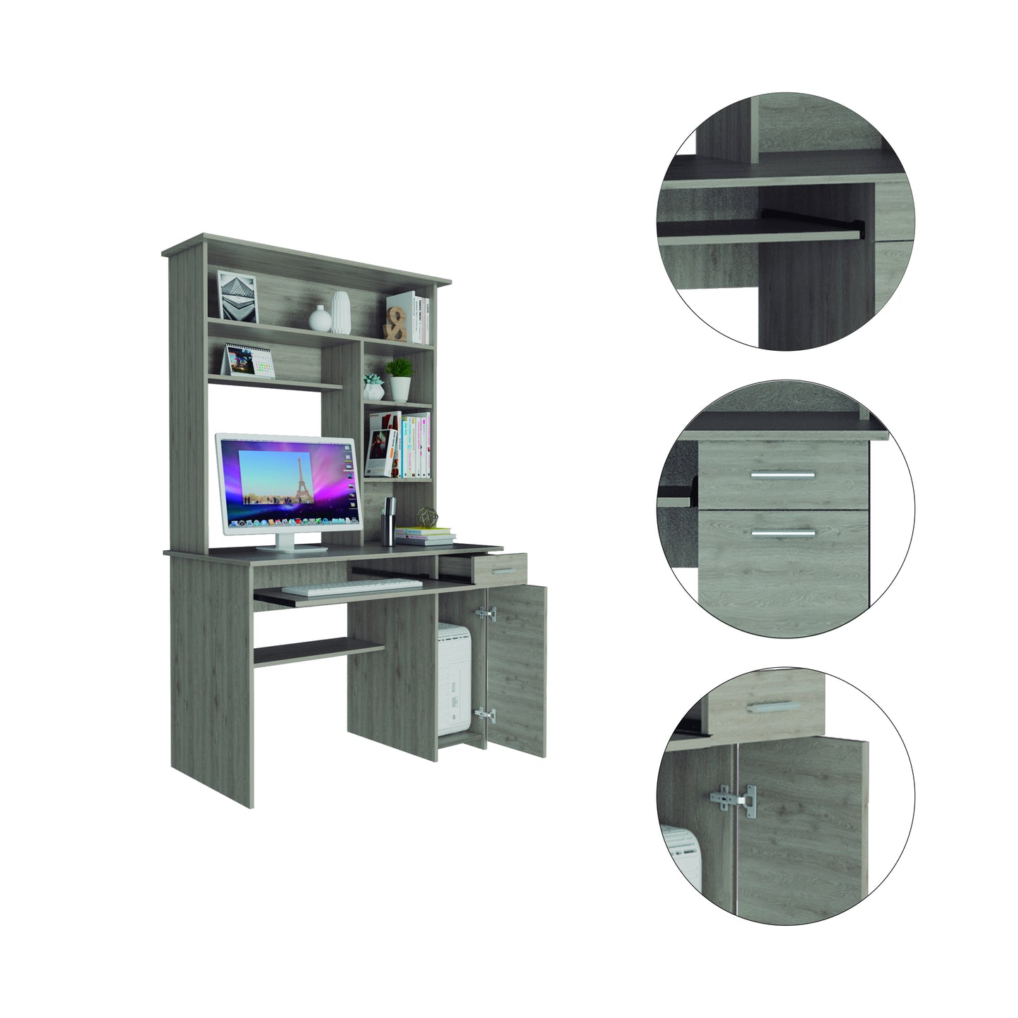 Gray Computer Workstation with Hutch and Storage