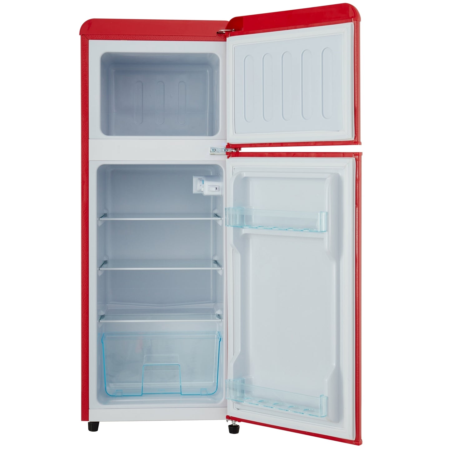 Compact Dual Zone Refrigerator with 3.3 Cu.Ft Fridge + 1.2 Cu.Ft 4-Star Freezer, 7 Temperature Settings, 45 dB, Red, Silver Handles, LED Lighting, Adjustable Shelves