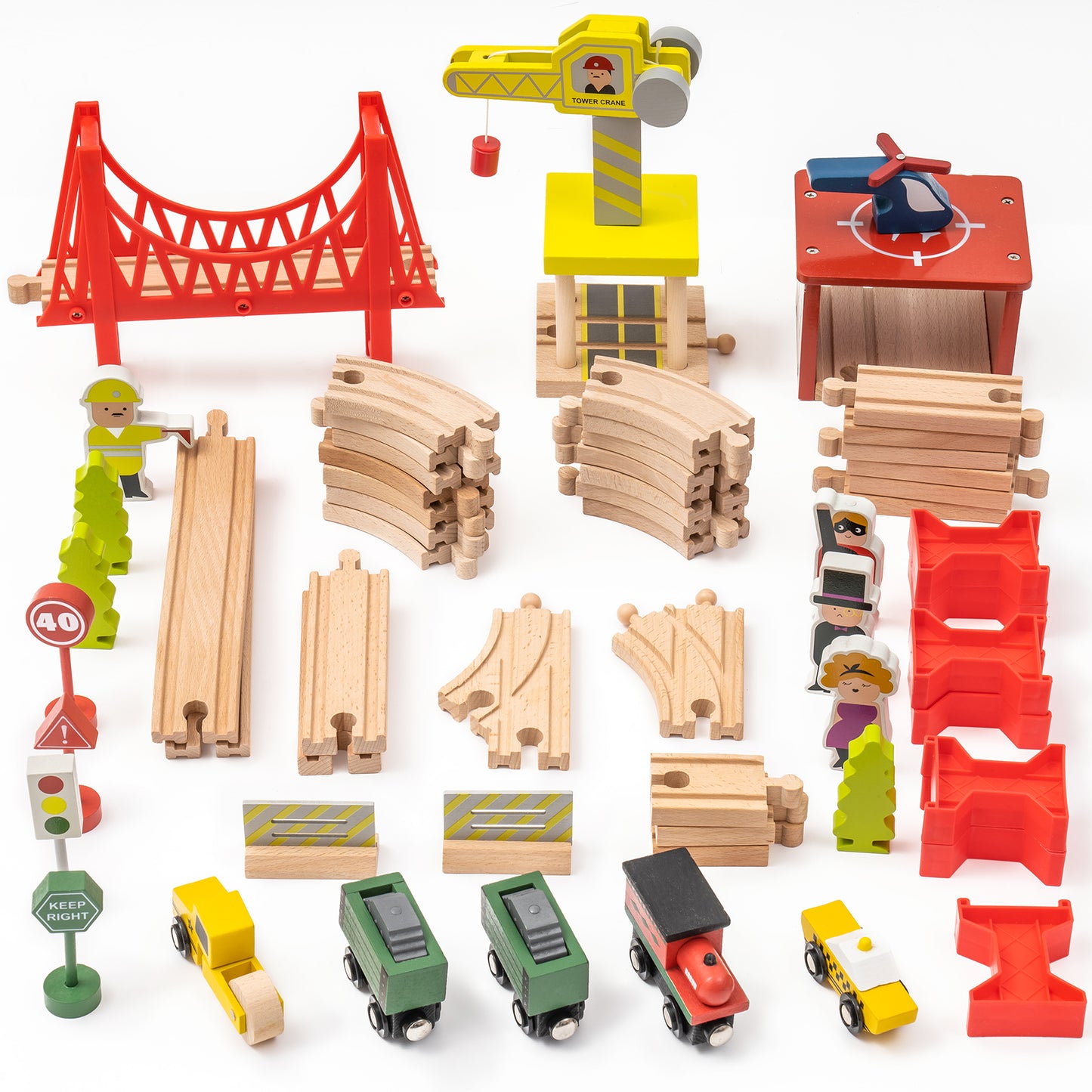 Wooden Train Set with Magnetic Trains and Mat - 64 pcs Accessories