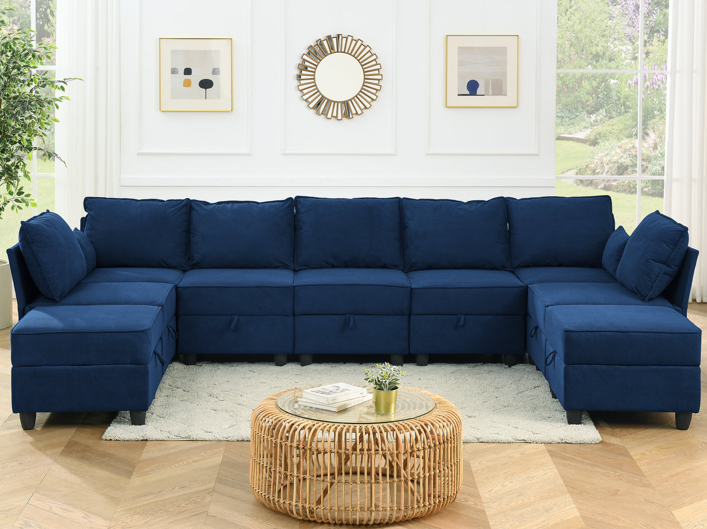 9 Seat Modular Sofa Set with Convertible King Sofa Bed, Storage Sectional Couch, Navy Blue Corduroy Velvet