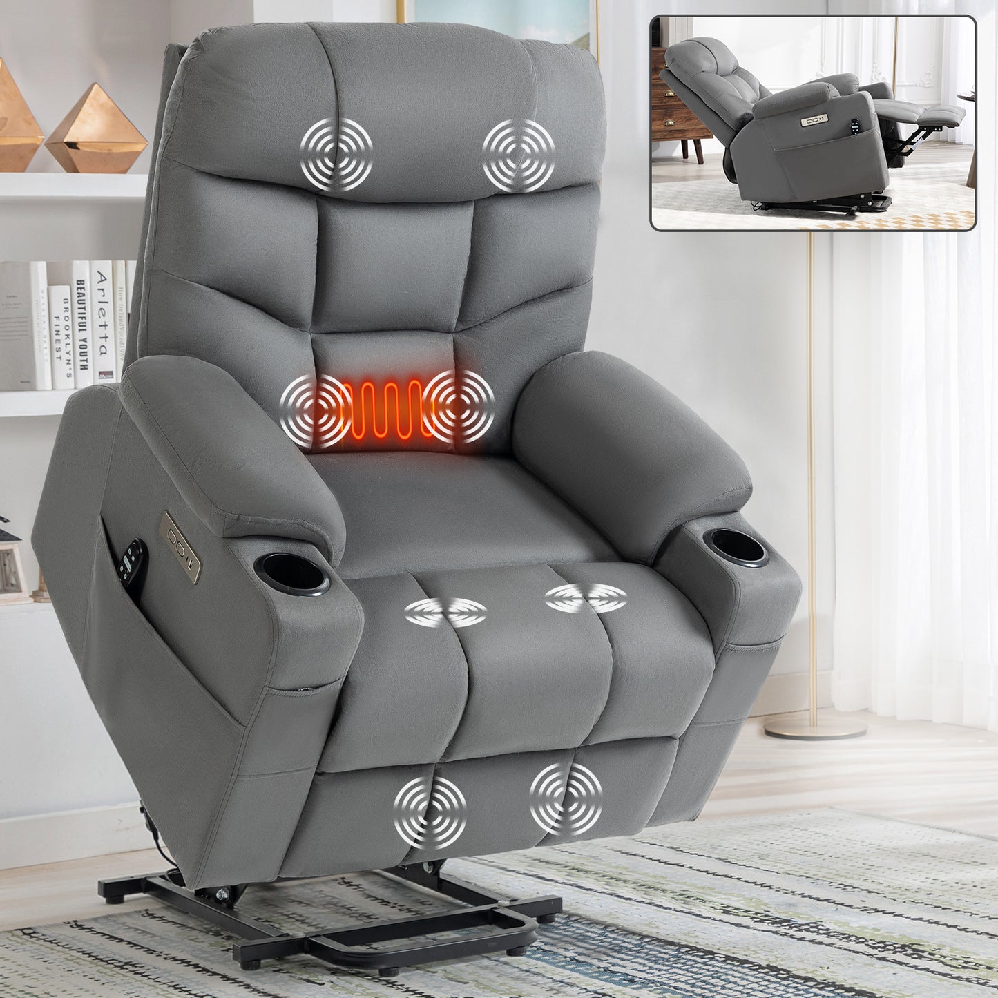 Grey Lift Recliner Chair with Massage, Heat, USB Ports, and Lumbar Support