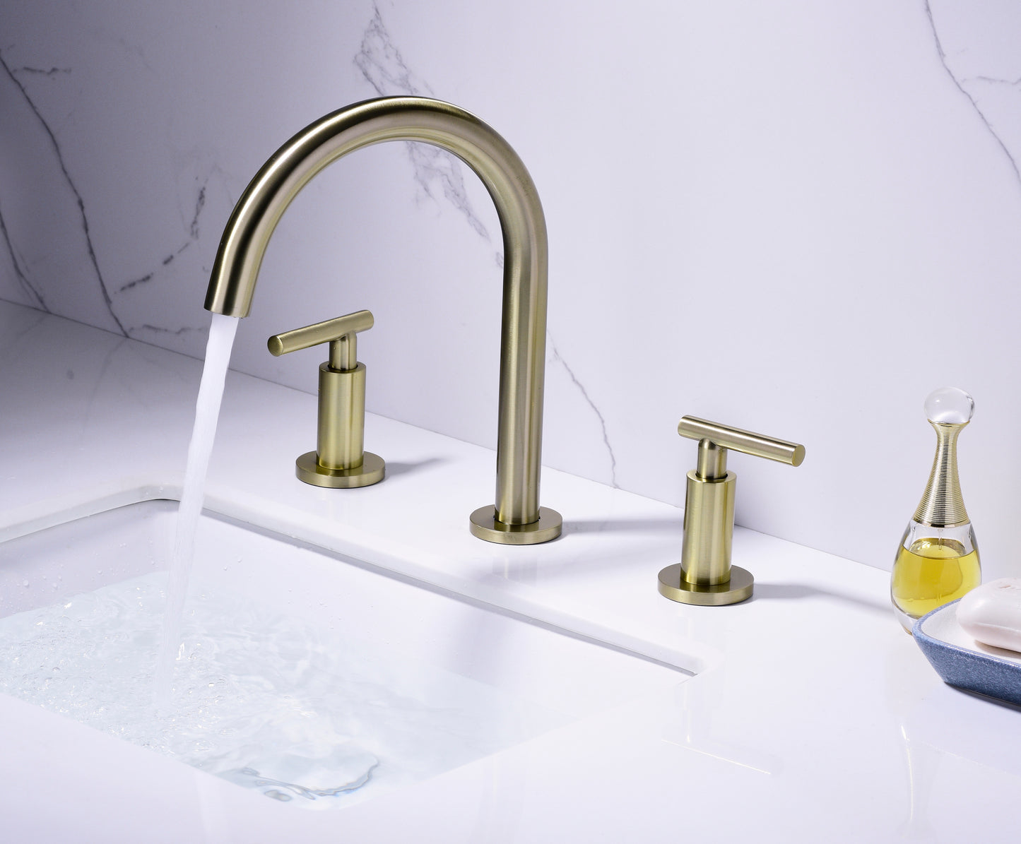 Gold High Arc 3-Hole Widespread Bathroom Sink Faucet with Rotatable Spout