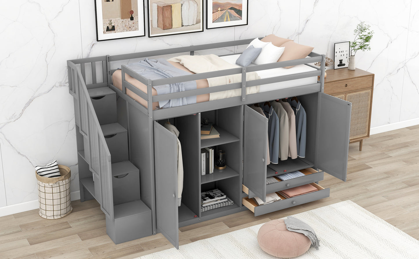 Functional Loft Bed with 3 Shelves, 2 Wardrobes and 2 Drawers,  Ladder with Storage, No Box Spring Needed, Gray