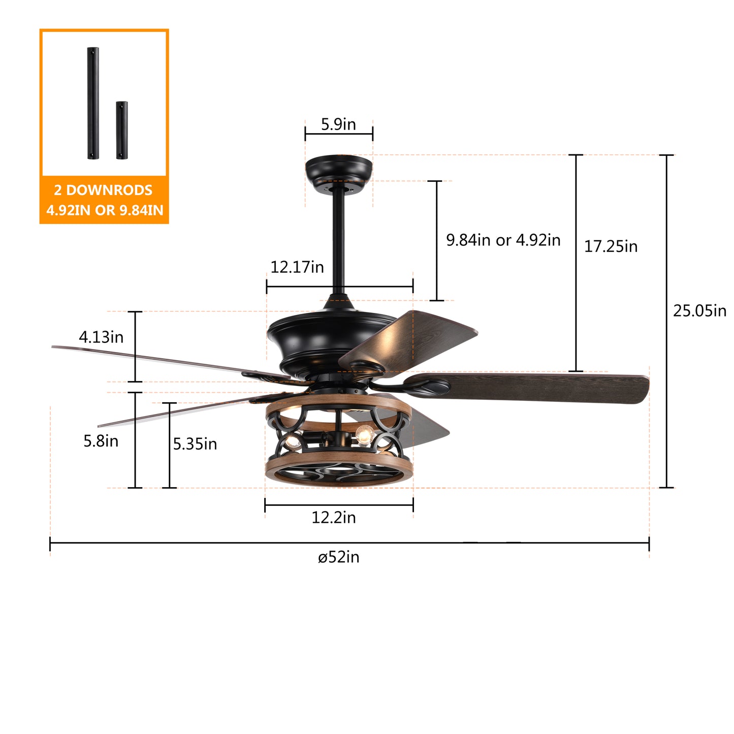 Farmhouse Ceiling Fan with Reversible Airflow, Remote Control, and Caged Light Fixture