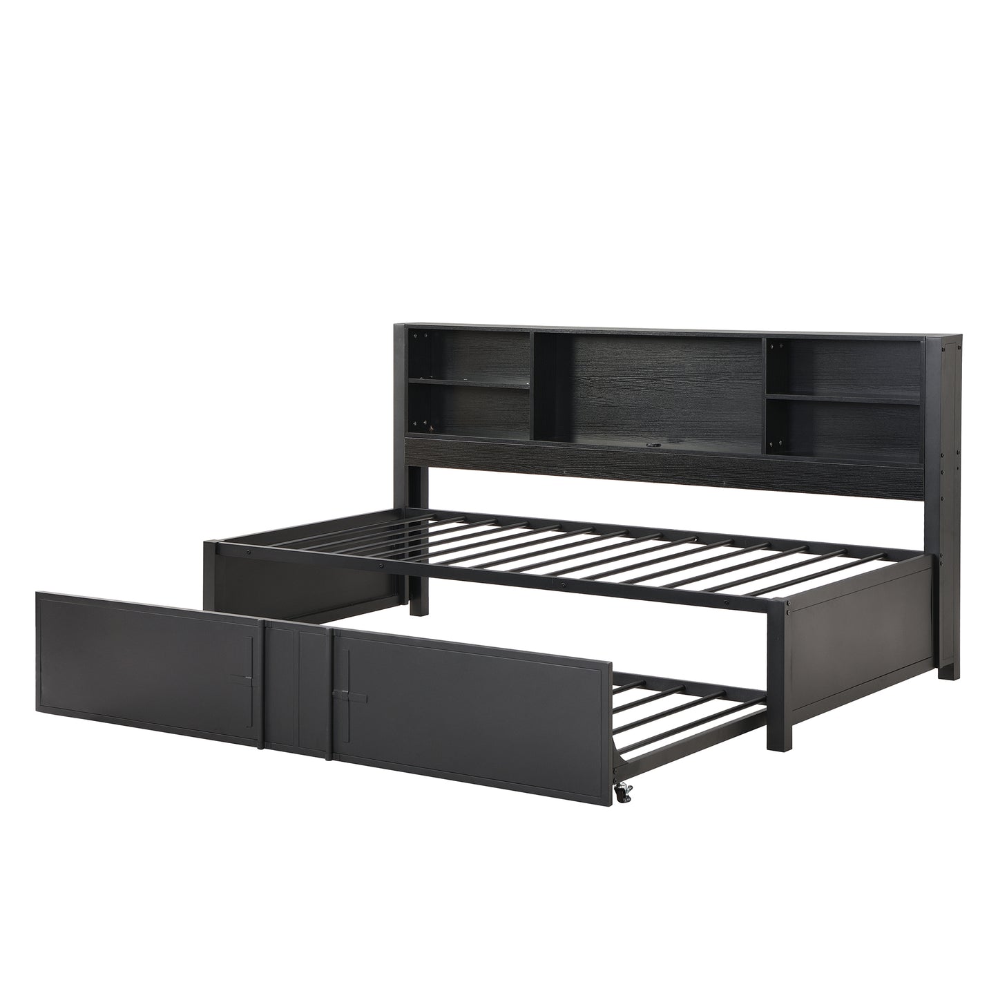 Metal Twin Size Daybed with Twin Size Trundle, Storage Shelves and USB Ports, Black