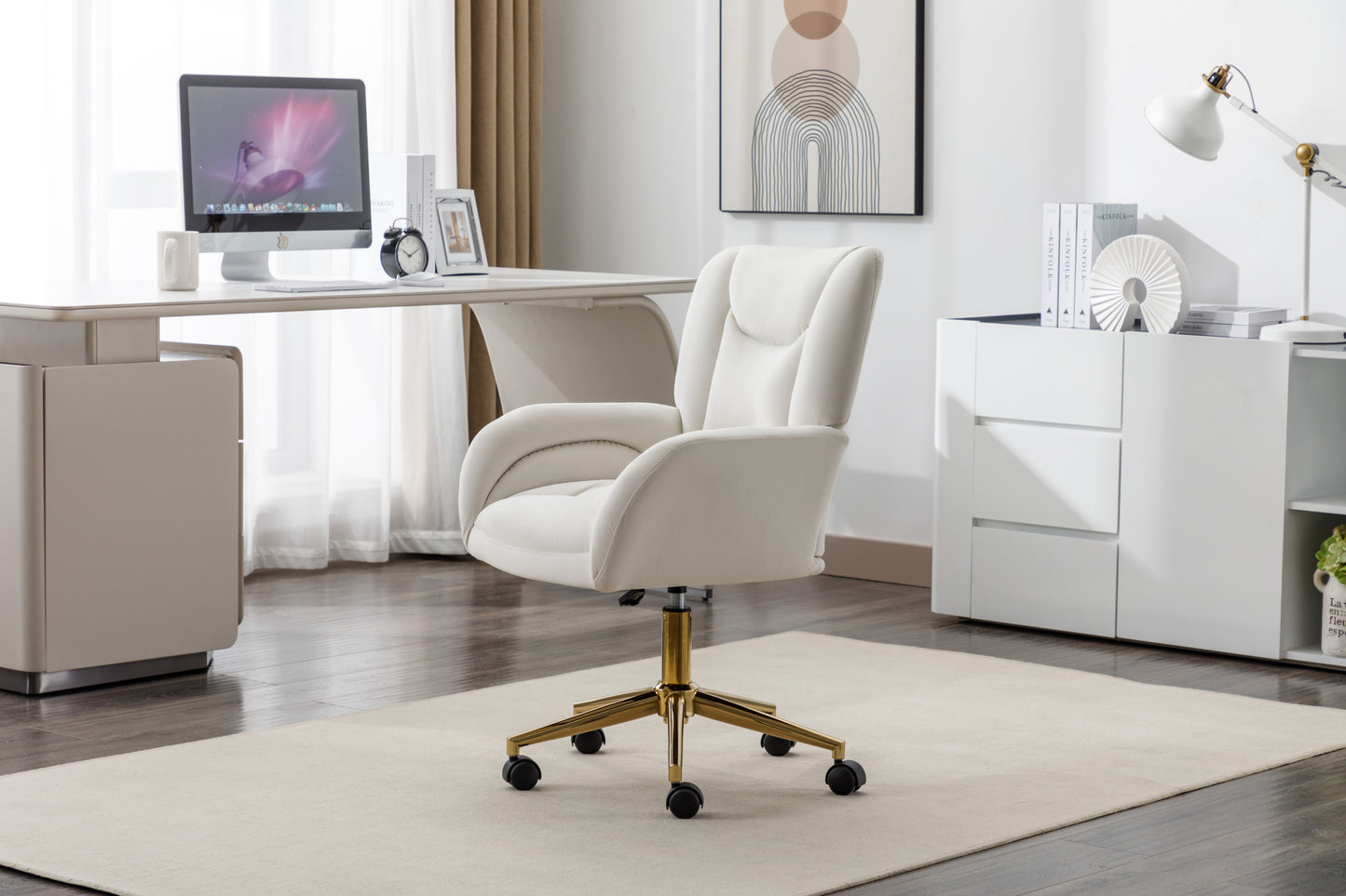 005-Velvet Fabric 360 Swivel Home Office Chair With Gold Metal Base And Universal Wheels,Ivory