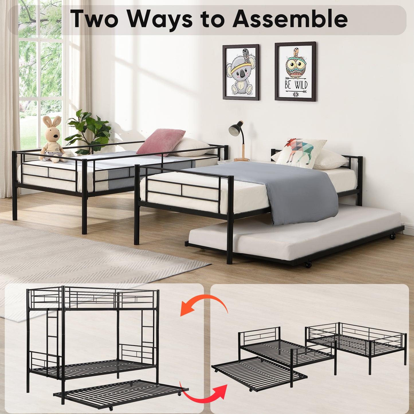 Versatile Twin Bunk Bed with Trundle and Guard Rail