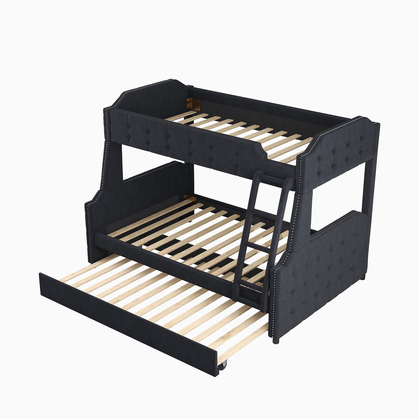 Black Velvet Upholstered Twin over Full Bunk Bed with Trundle and Button Tufted Design