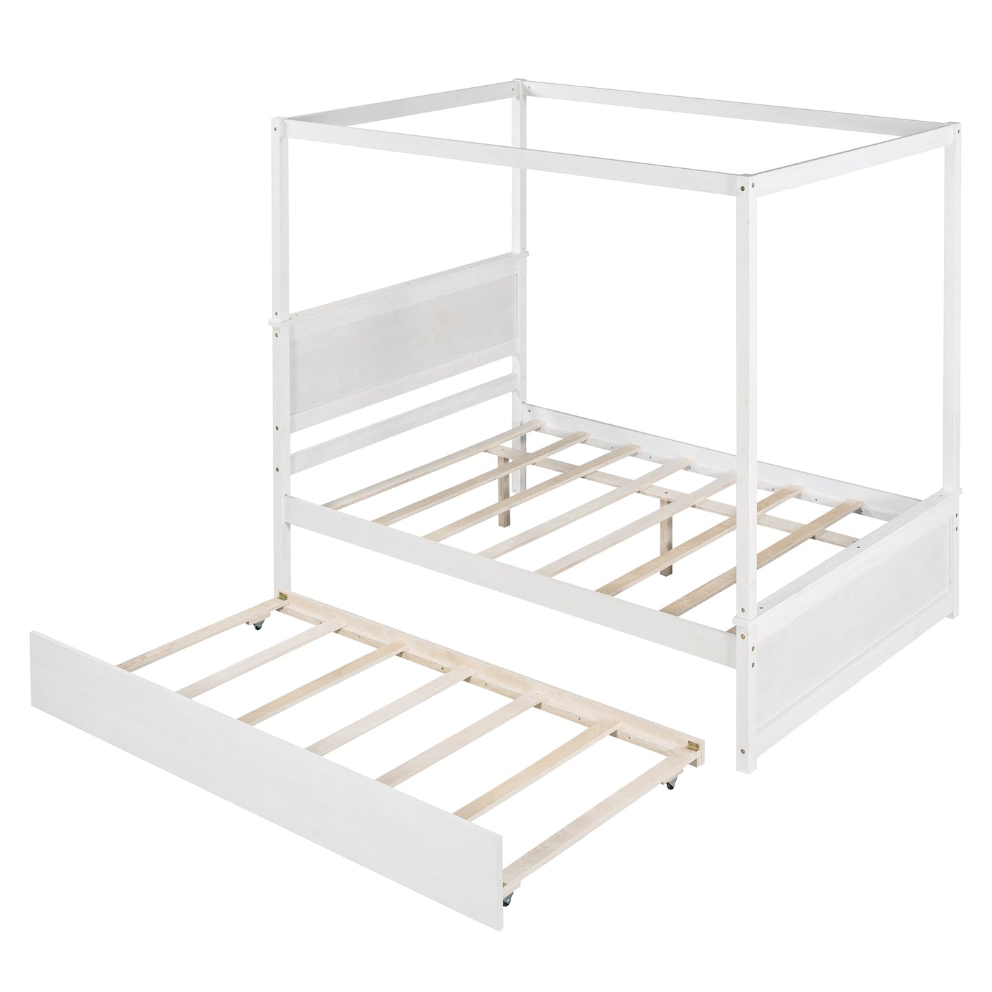 Wood Canopy Bed with Trundle Bed ,Full Size Canopy Platform bed With  Support Slats .No Box Spring Needed, Brushed White