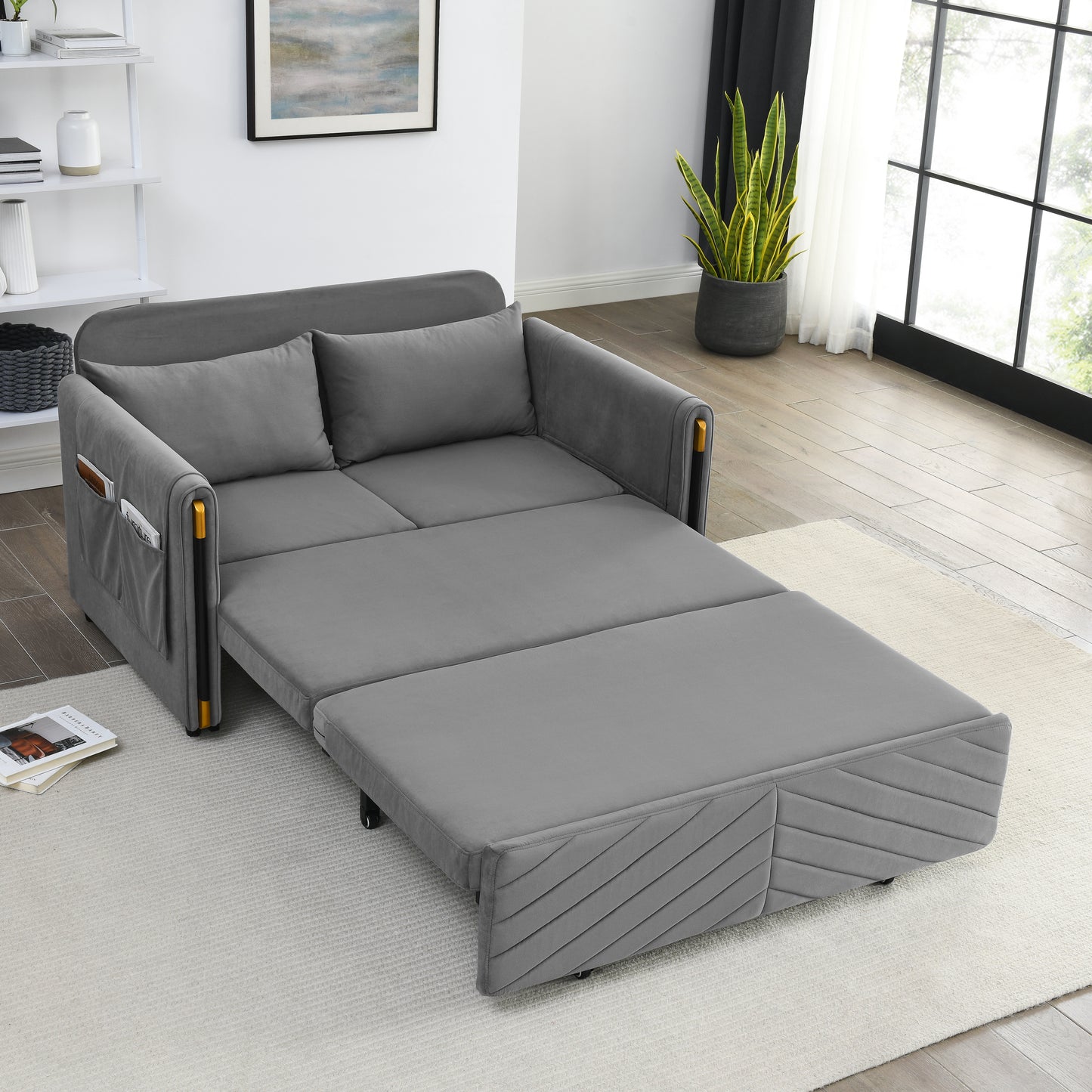 MH 54" Modern Convertible Sofa Bed with 2 Detachable Arm Pockets, Velvet Loveseat Multi-position adjustable Sofa with Pull Out Bed with Bedhead, 2 Pillows and Living Room, Grey