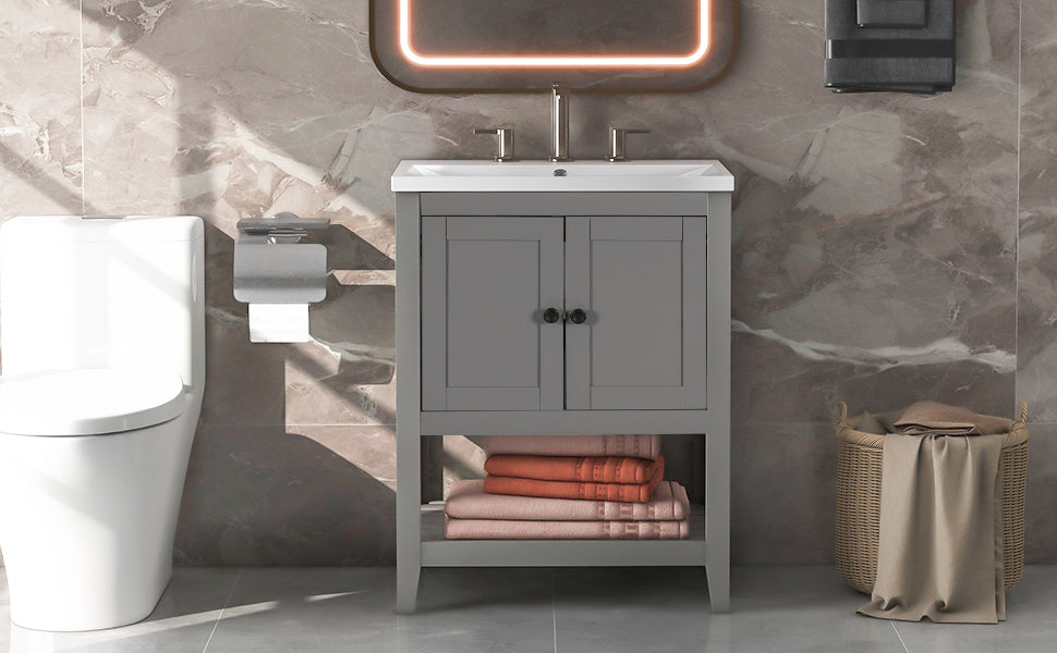 24" Grey Modern Sleek Bathroom Vanity Elegant Ceramic Sink with Solid Wood Frame Open Style Shelf