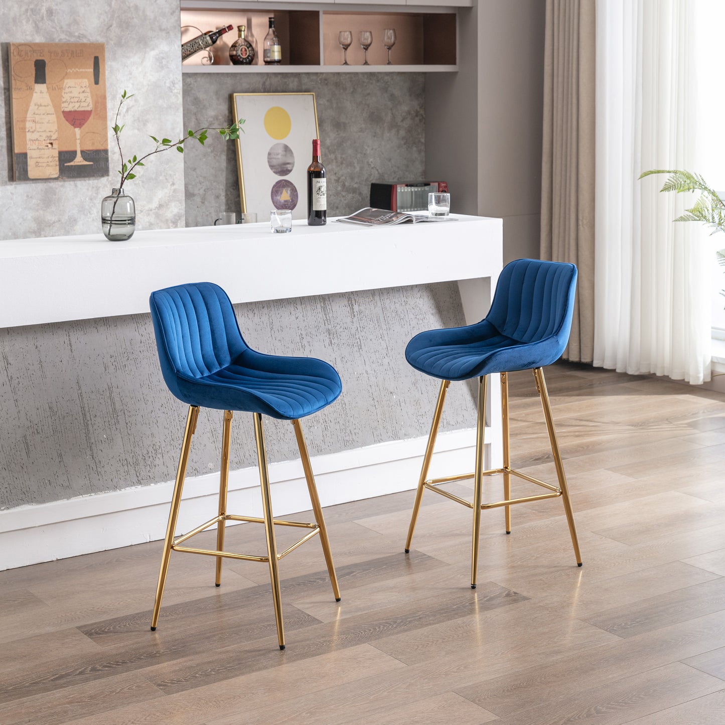 26 Inch Set of 2 Bar Stools,with Steel Frame Footrest Velvet Fabric Golden Leg Simple Bar Stool,BLUE