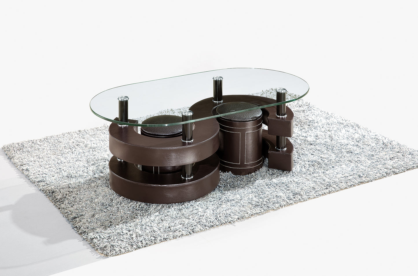 Oval Glass Coffee Table Set with Leather Stools