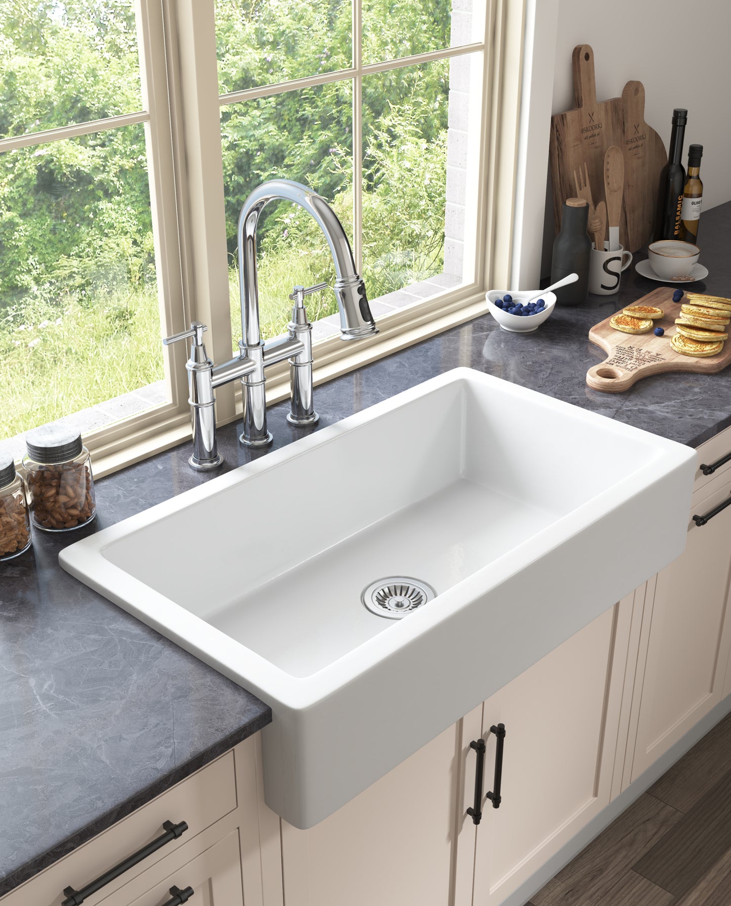 Farmhouse White Ceramic Kitchen Sink with Deep Bowls