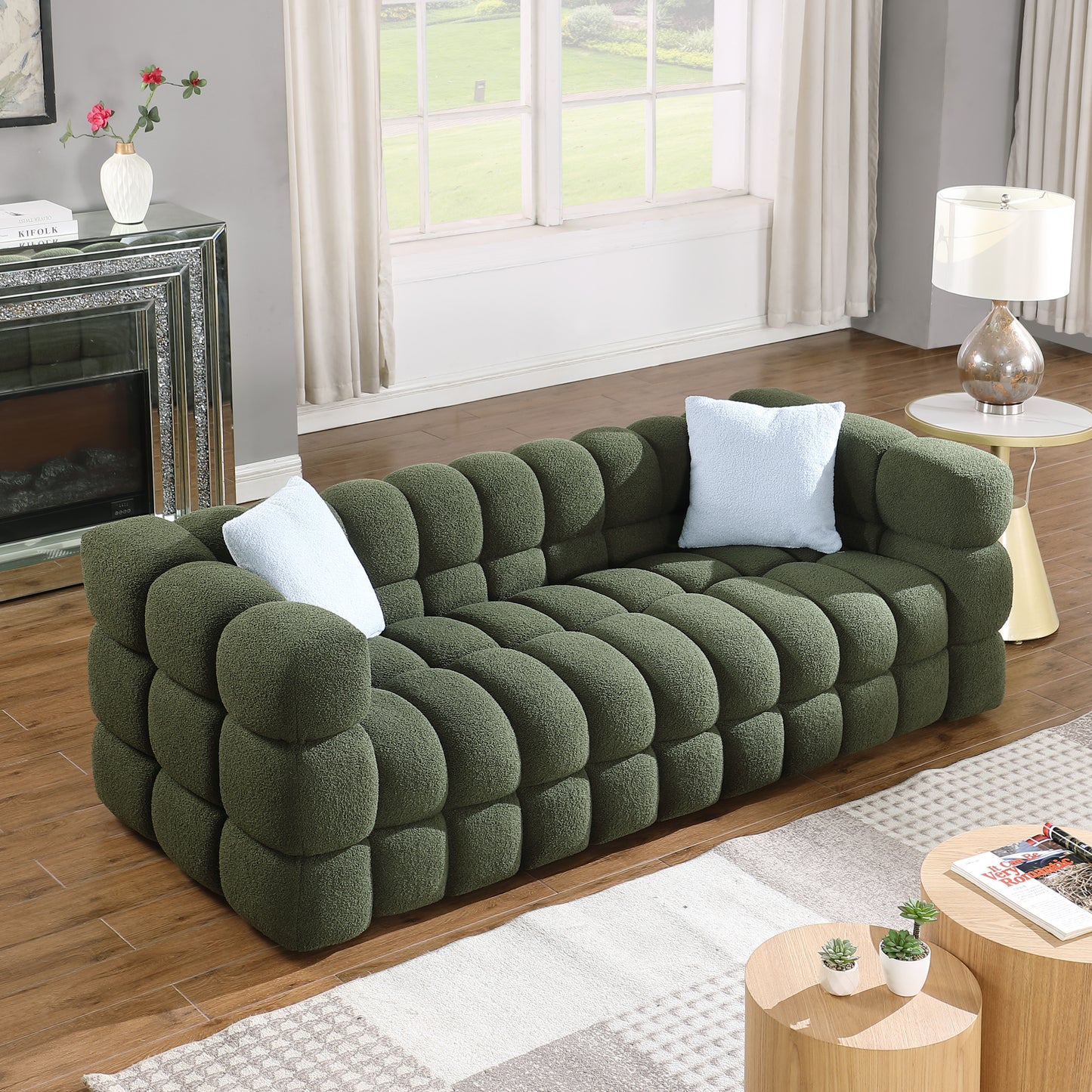 Olive Green Bouclé 3-Seater Marshmallow Sofa with Human Body Structure for USA People