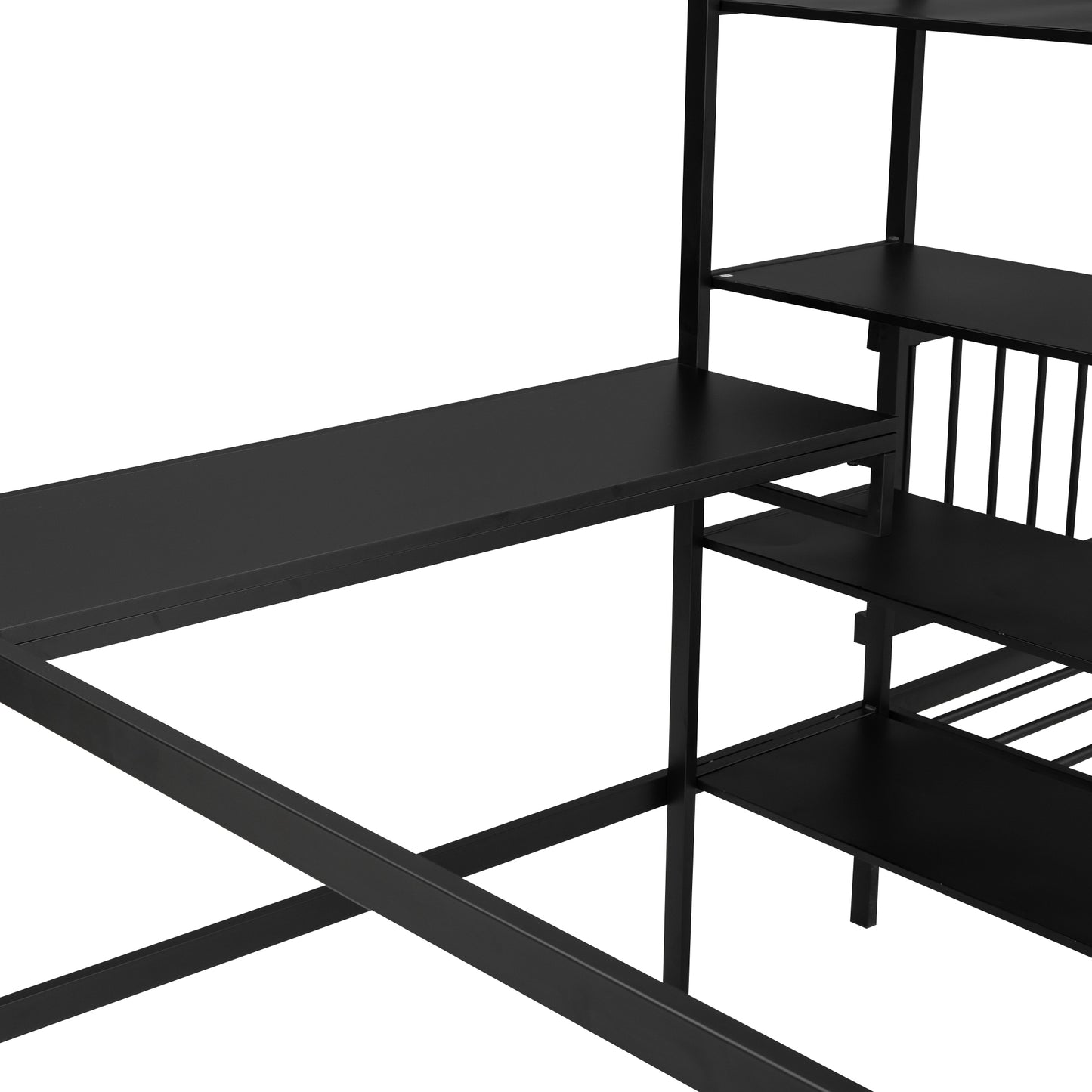 Black Metal Bunk Bed with Desk, Shelves, and Ladder