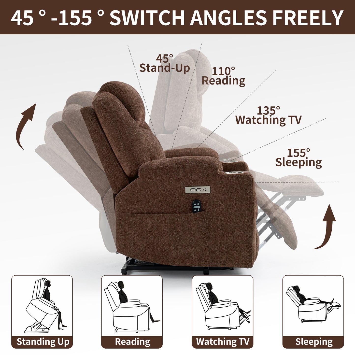 Okin Motor Chenille Power Lift Recliner Chair with Massage, Heating, USB Ports, and Cup Holders - Brown