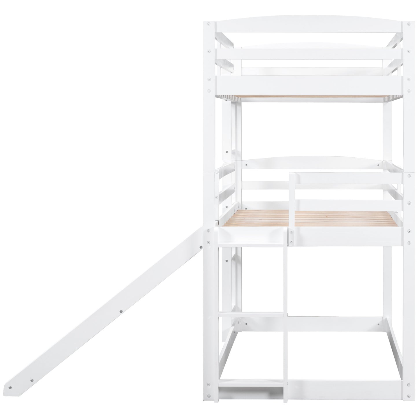 Innovative White Triple Bunk Bed with Slide, Ladder, and Vertical Space Optimization