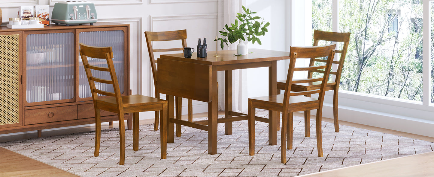 5-Piece Wood Square Drop Leaf Breakfast Nook Extendable Dining Table Set with 4 Ladder Back Chairs for Small Places, Brown