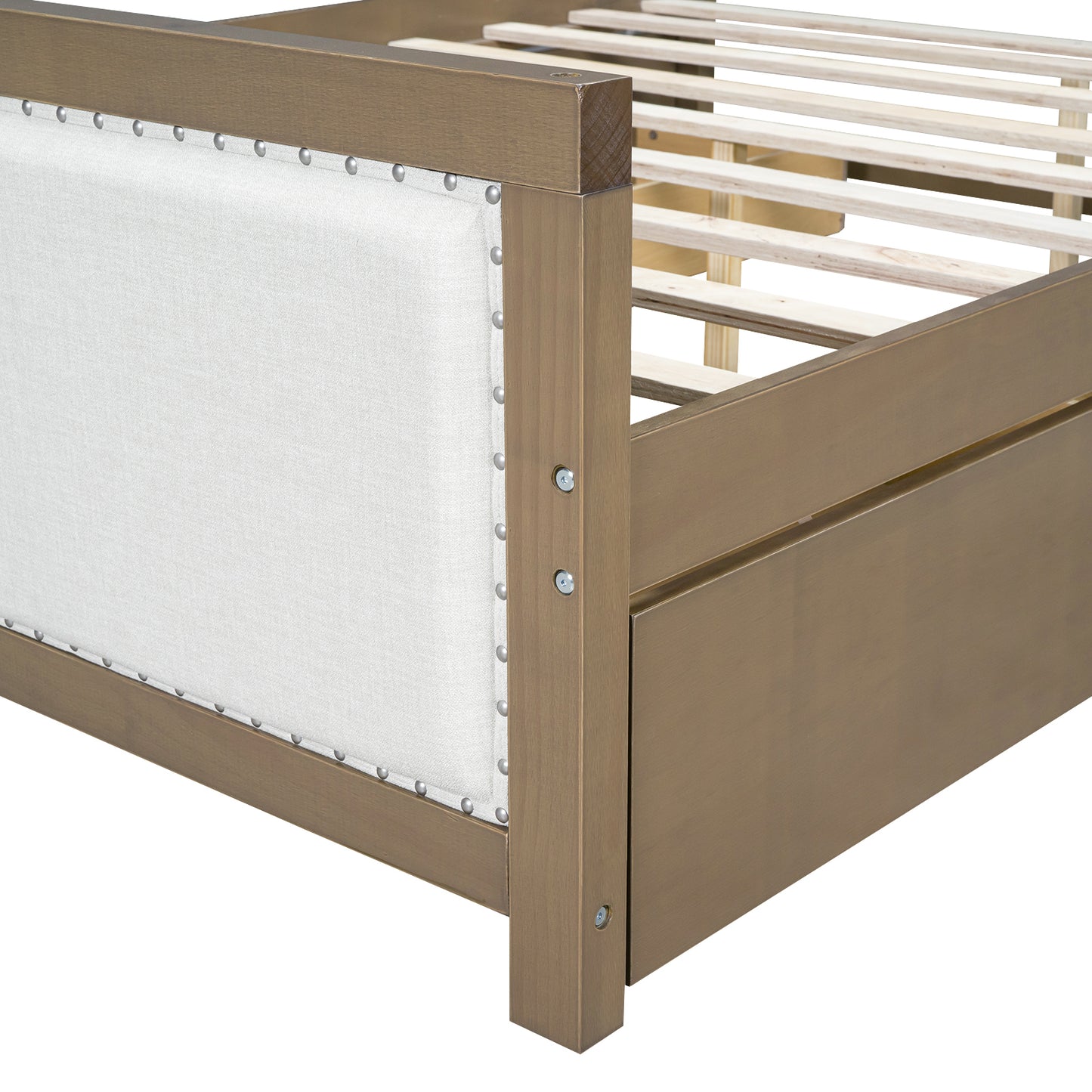 Queen Size Upholstered Platform Bed with Wood Frame and 4 Drawers, Natural Wooden+Beige Fabric