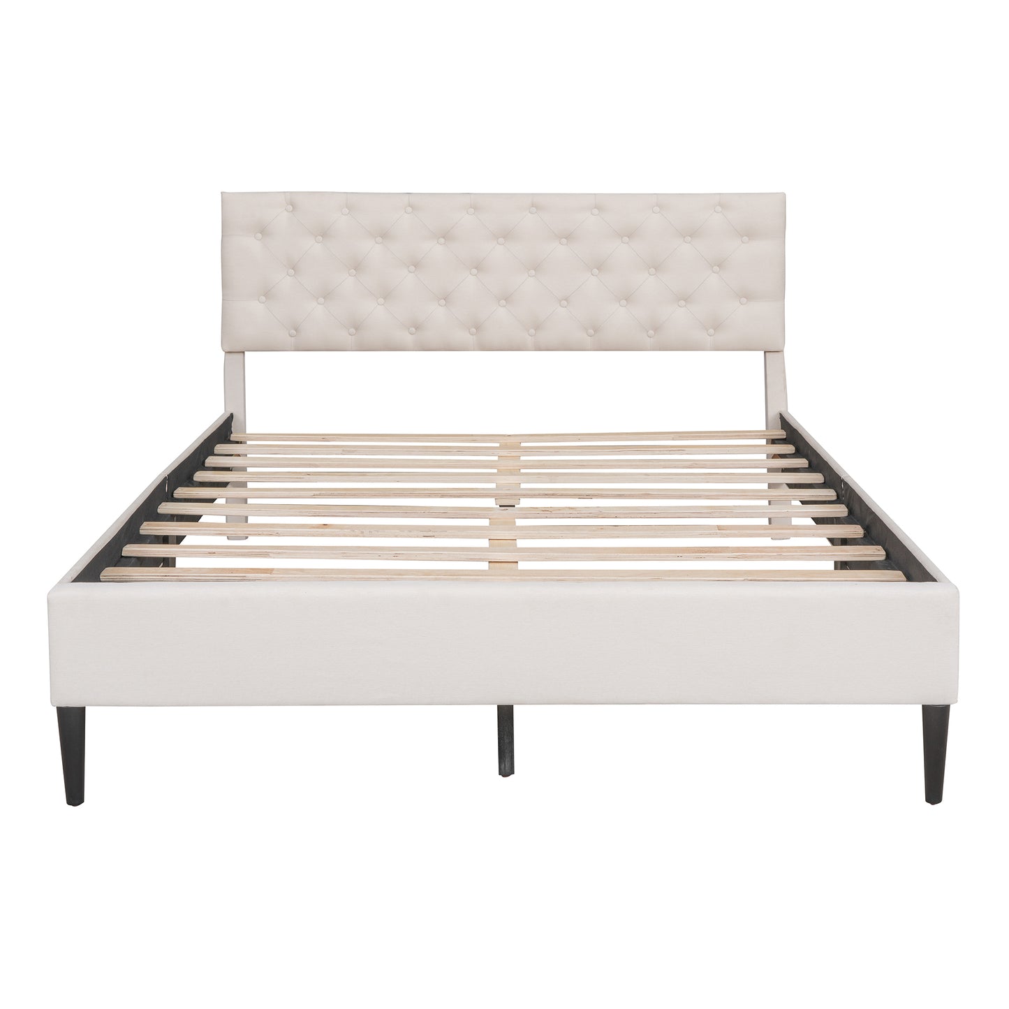 Upholstered Linen Platform Bed, Queen Size, Beige