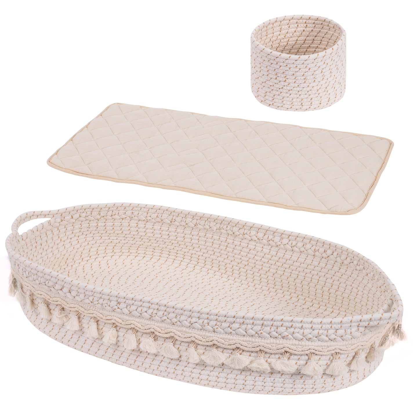 Baby Changing Basket, Handmade Woven Cotton Rope Moses Basket, Changing Table Topper with Mattress Pad(White&Brown)